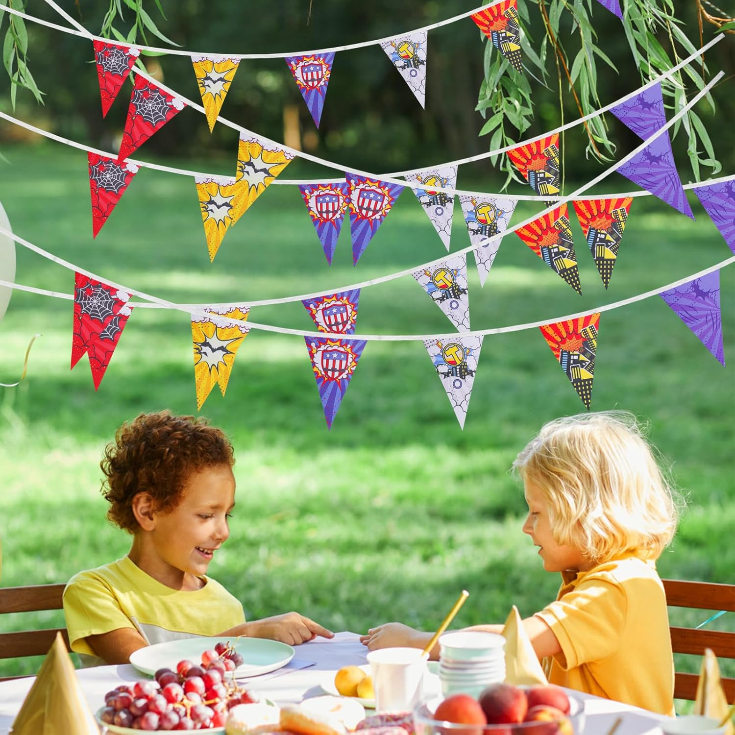 36 Pcs Hero Triangle Banner, 11M/36Ft Colorful Hero Theme Pennant Banner Flags Cartoon Theme Party Decorations Hero Flag Backdrop for Kids Birthday Baby Shower Photo Decoration image number 3