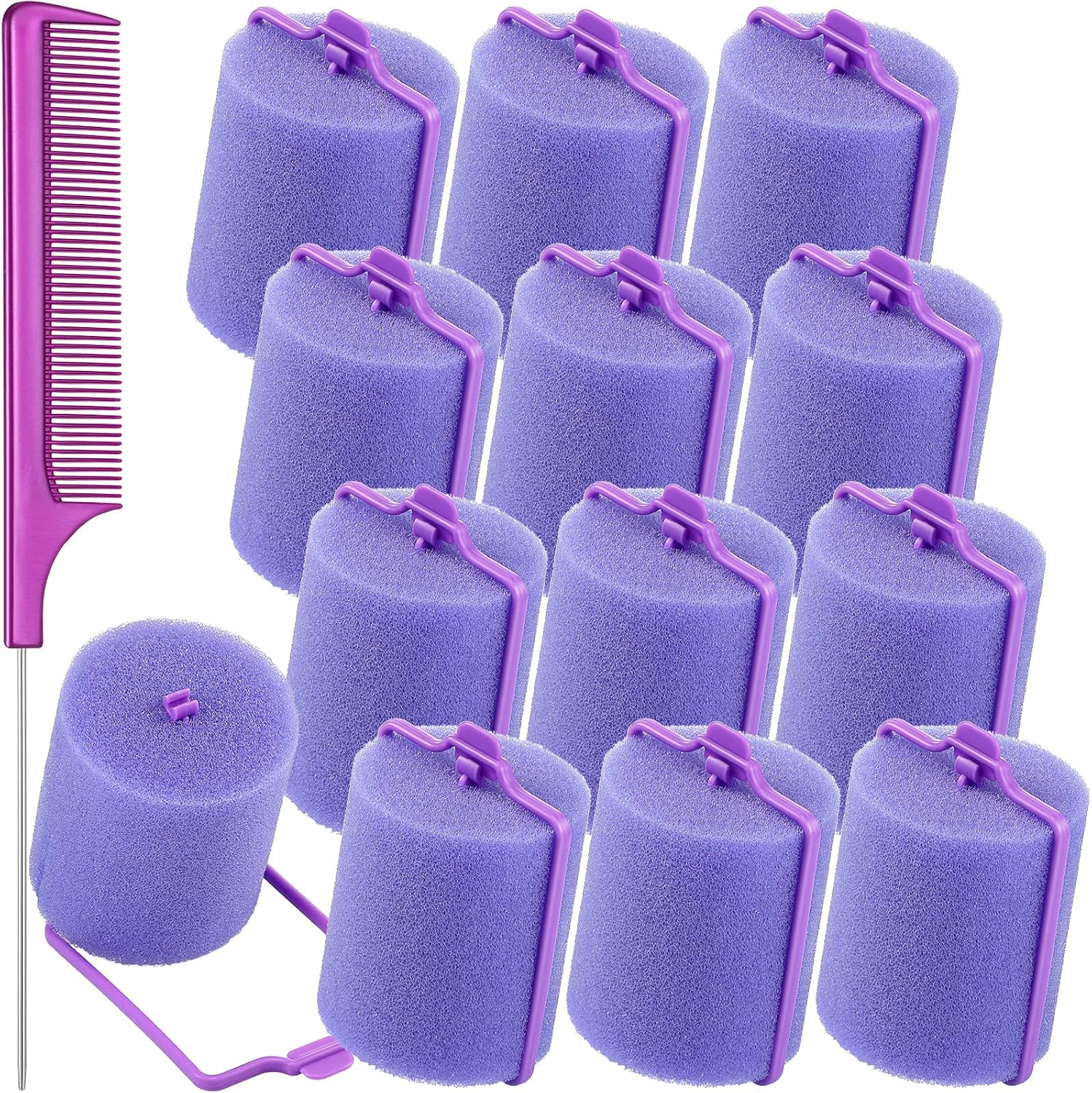 Syhood 12 Pcs Jumbo Foam Sponge Hair Rollers 1.89 Inch Soft Sleeping Curlers Flexible Large Foam Rollers and Rat Tail Comb for Hair Styling(Purple) image number 6