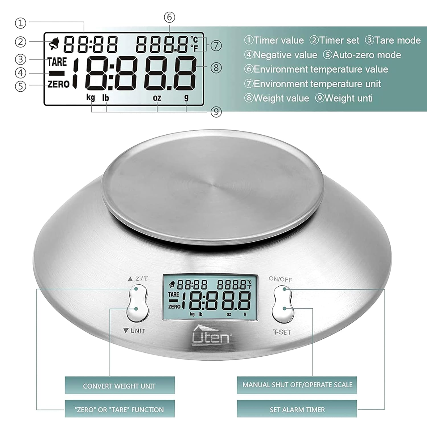Uten Kitchen Scales Digital Scales with Bowl, 5 Kg, Stainless Steel, Tare Function, LCD Display, Bowl and Timer, Baking & Cooking image number 6