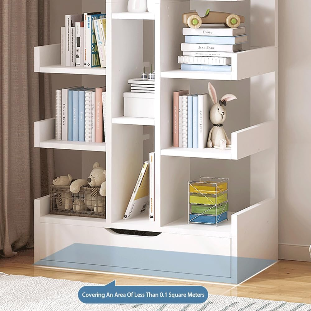 18-Tier Floor Standing Tree Bookshelf, Home Corner Bookcase with Drawer for Cd/Movies/Books, Home Shelf Cabinet Bookcases Storage Rack for Bedroom,Living Room,Office (18-Tier White) image number 6