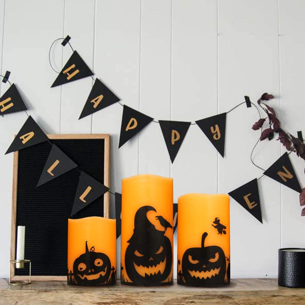Eldnacele Halloween Flameless Candles, LED Flickering Battery Pillar Candles with 6H Timer and Pumpkin Decals, Spooky Fall Halloween Festival Party Decoration Set of 3 (D 3&rdquo; X H 4&rdquo; 5&rdquo; 6&rdquo;) image number 2