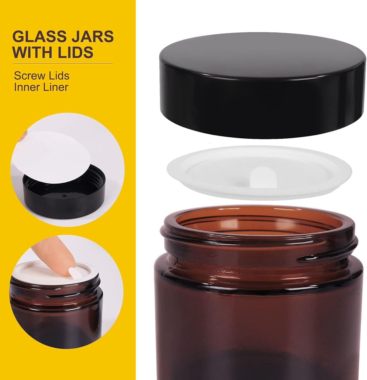 Keketin 2 Oz Amber Glass Jars,15 Pack Empty Cosmetic Containers with Inner Liners and Black Lids,Refillable round Cream Jars for Lotion,Ointments,Bath Salts,Makeup,Slime and Travel image number 1