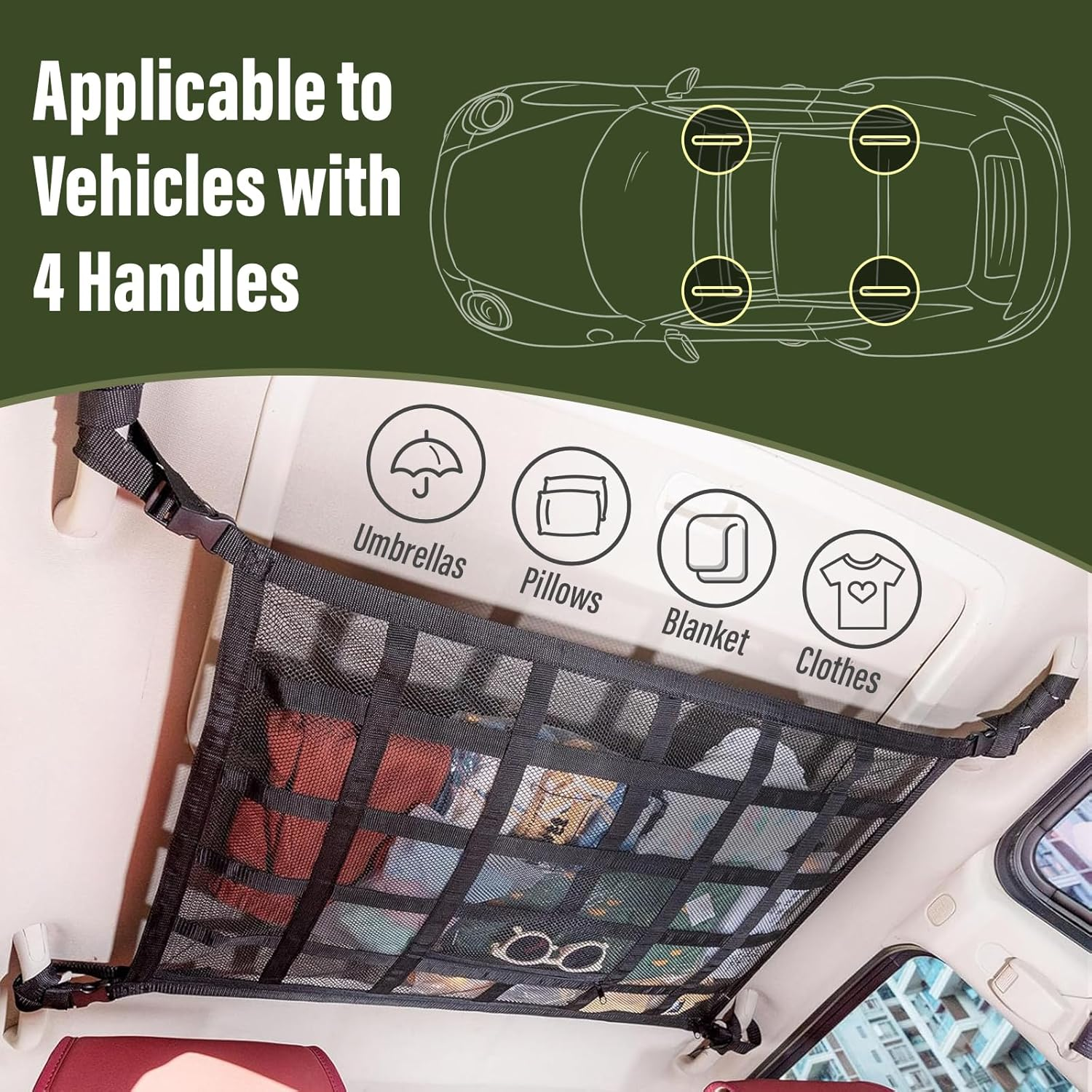 Supcomsta Car Ceiling Cargo Net with Pocket, 30.5In X 20.9In and 35.4In X 25.6In Car Ceiling Storage for Cars and SUV, Double-Layer Cars Cargo Carrier Roof Organizer Automotive Accessories (Large) image number 6