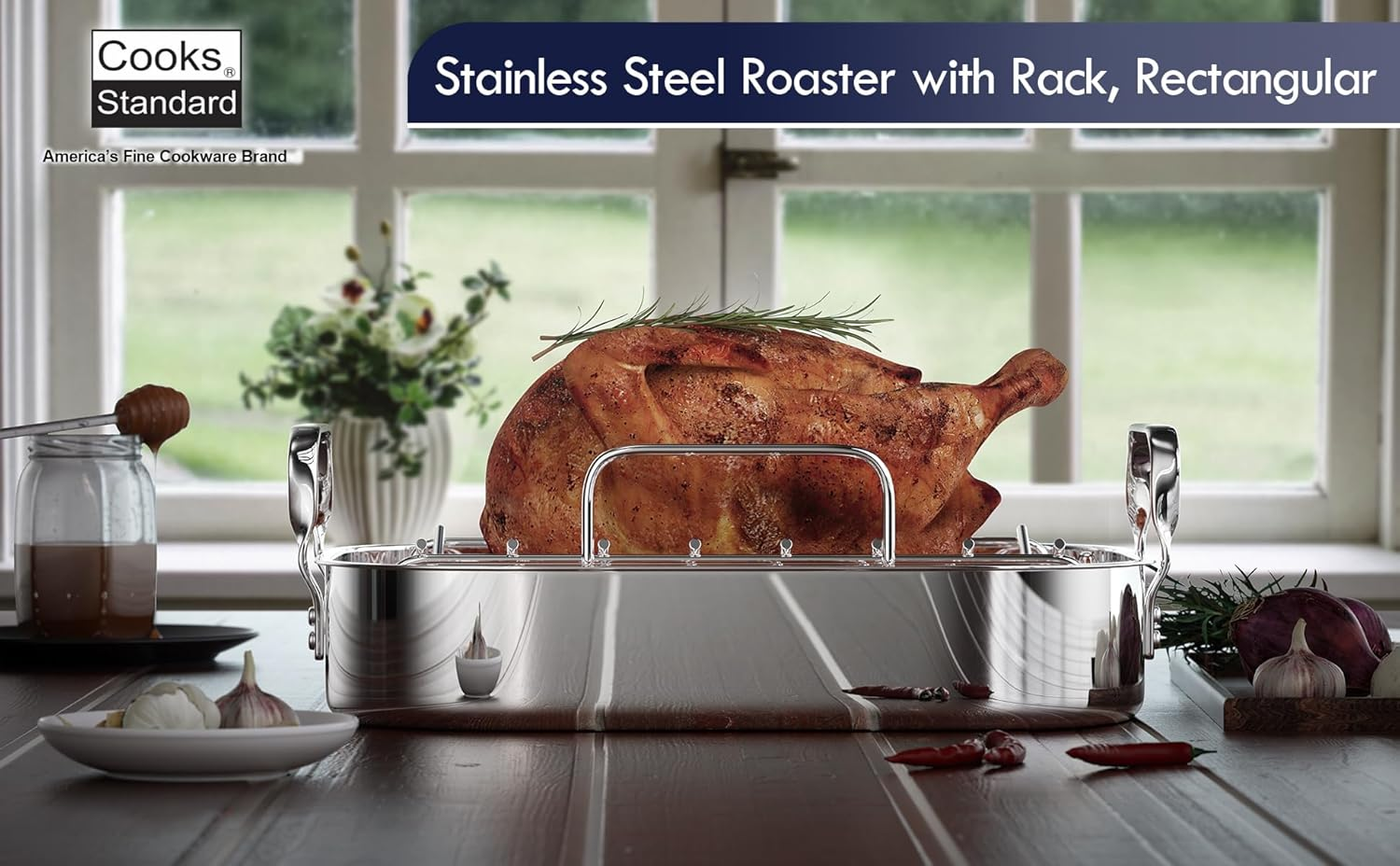 Cooks Standard Stainless Steel Roaster Pan with V-Shaped Rack, 16-Inch by 13-Inch Turkey Roasting Pan Bakeware for Oven, Rectangular image number 1