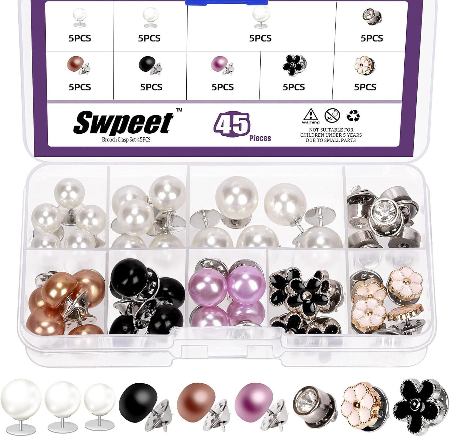 Swpeet 45Pcs 9 Styles No Sew Pearl Buttons Anti-Exposure Fixed Brooches Pearl Pins Women Shirt Brooch Buttons Cover up Button Pin Safety Brooch Buttons for Clothing Dress Sweater Shoes