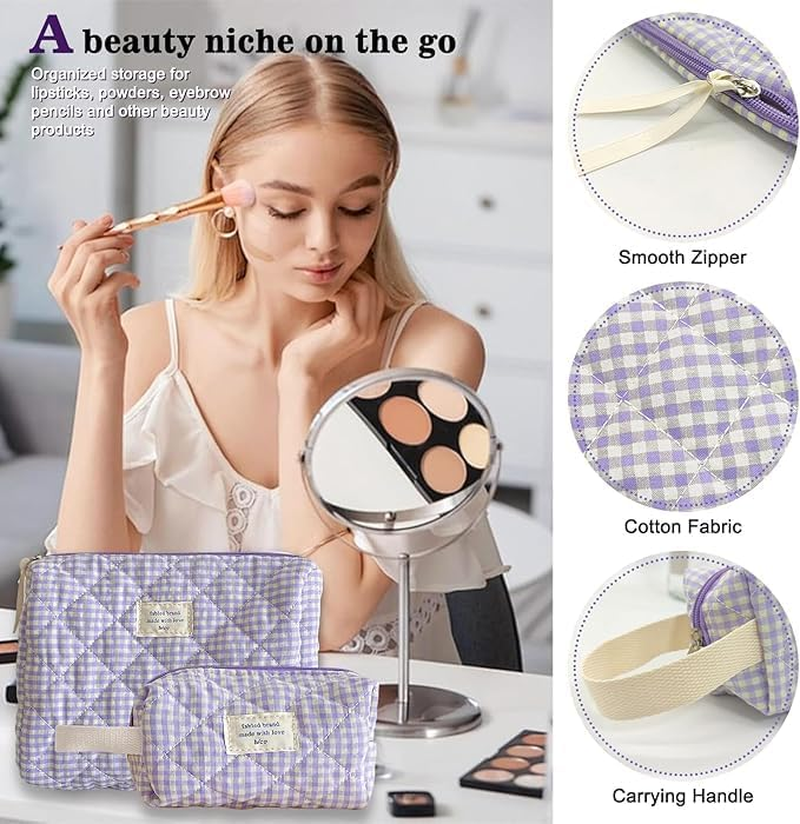 Ksngtixe 2 Pcs Quilted Cotton Makeup Bags Set - Cute Checkered Design Cosmetic Organizer for Brushes & Toiletries, Travel-Friendly Beauty Storage (24Cm+16Cm) image number 1