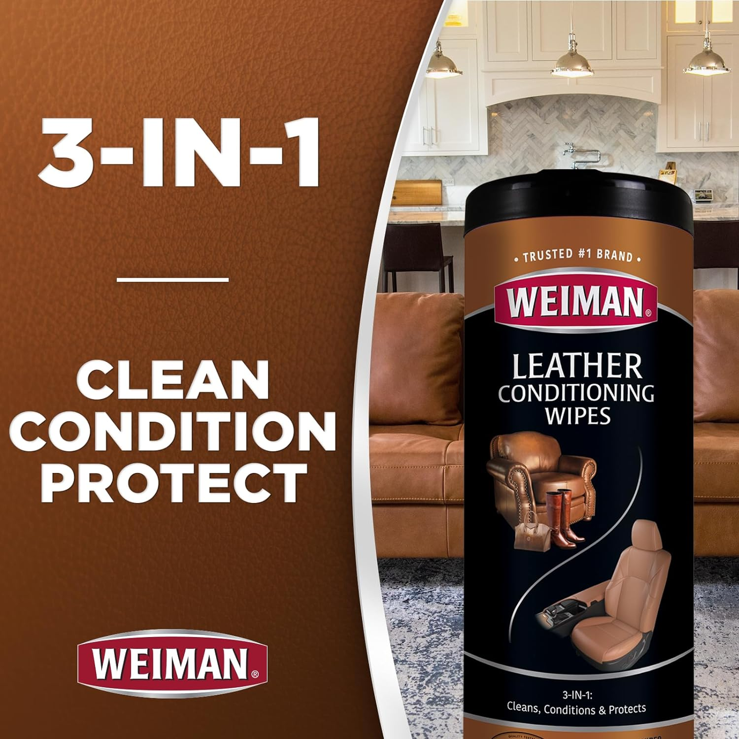 Weiman Leather Conditioning Wipes - Leather Cleaning Wipes for Furniture & Car Seats &ndash; Cleans, Shines, Conditions & Protects Leather - 30 Count (17.8 Cm X 20.3 Cm), Pack of 4 image number 2