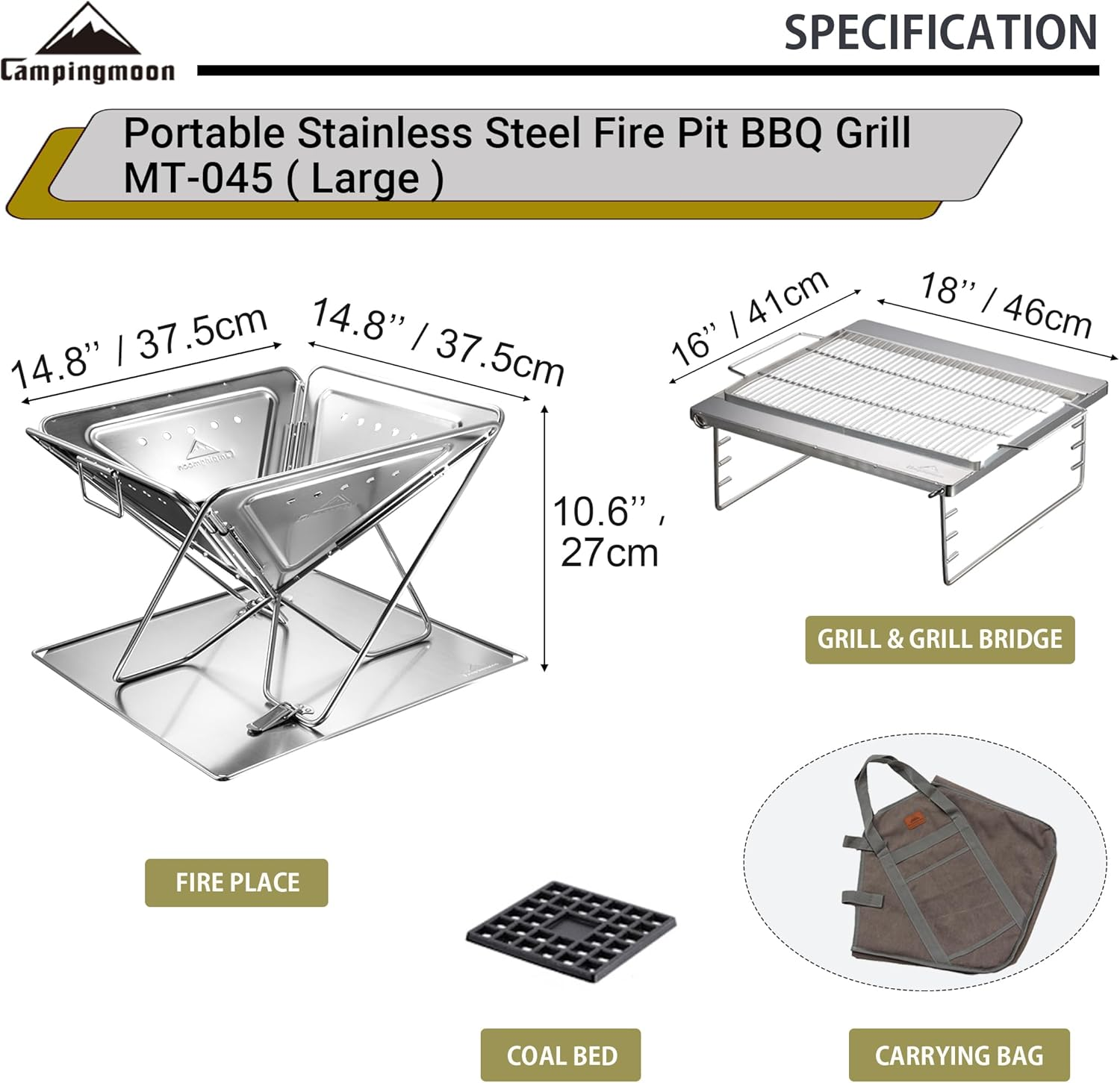 CAMPINGMOON Portable Camping Fire Pit BBQ Grill Outdoor Fireplaces Stainless Steel Large Size MT-045 image number 2