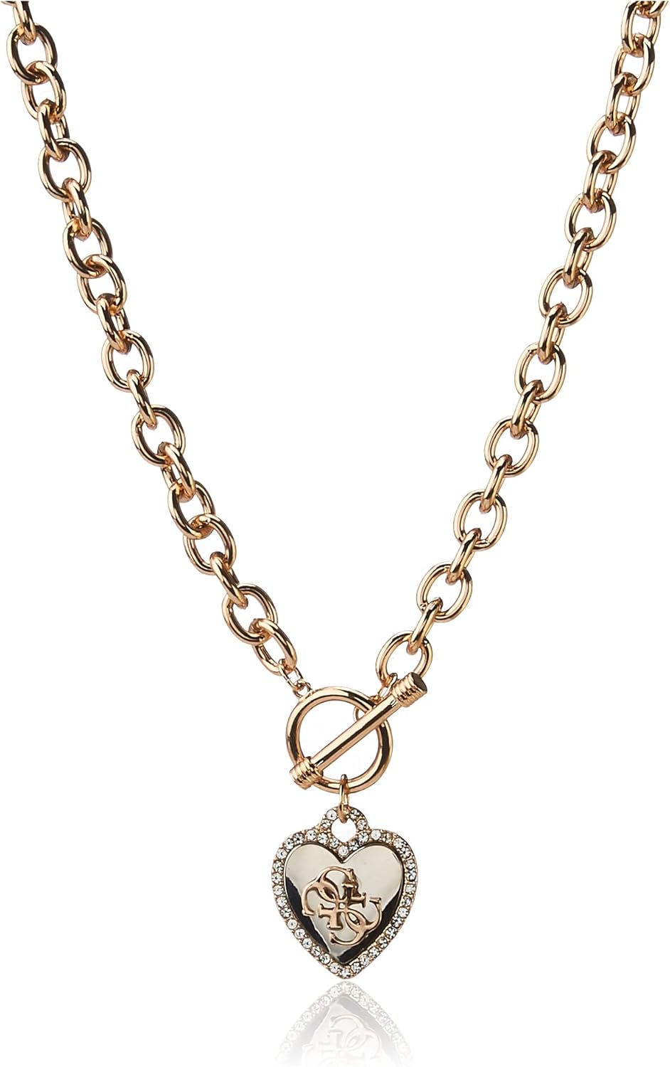 GUESS Womens Pave Framed Heart Toggle Necklace with 4 G Logo Silver/Gold/Crystal One Size, One Size, Metal Crystal