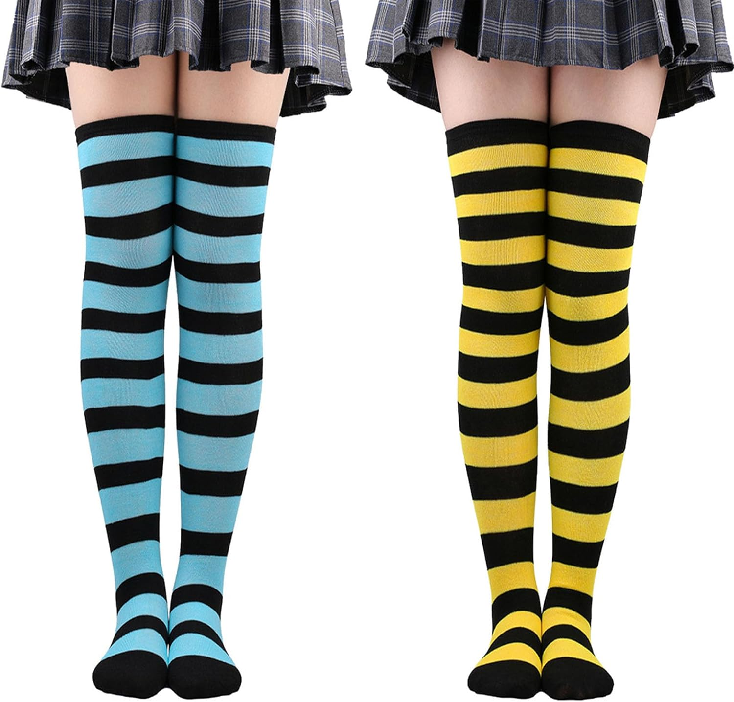 Women Striped Thigh High Stockings, MH MOIHSING Extra Long Cotton over Knee Tube Long Stocks High Stockings for Woman Girls Cosplay/Goth/Christmas Party LW-3, One Size - Black+Pink image number 2