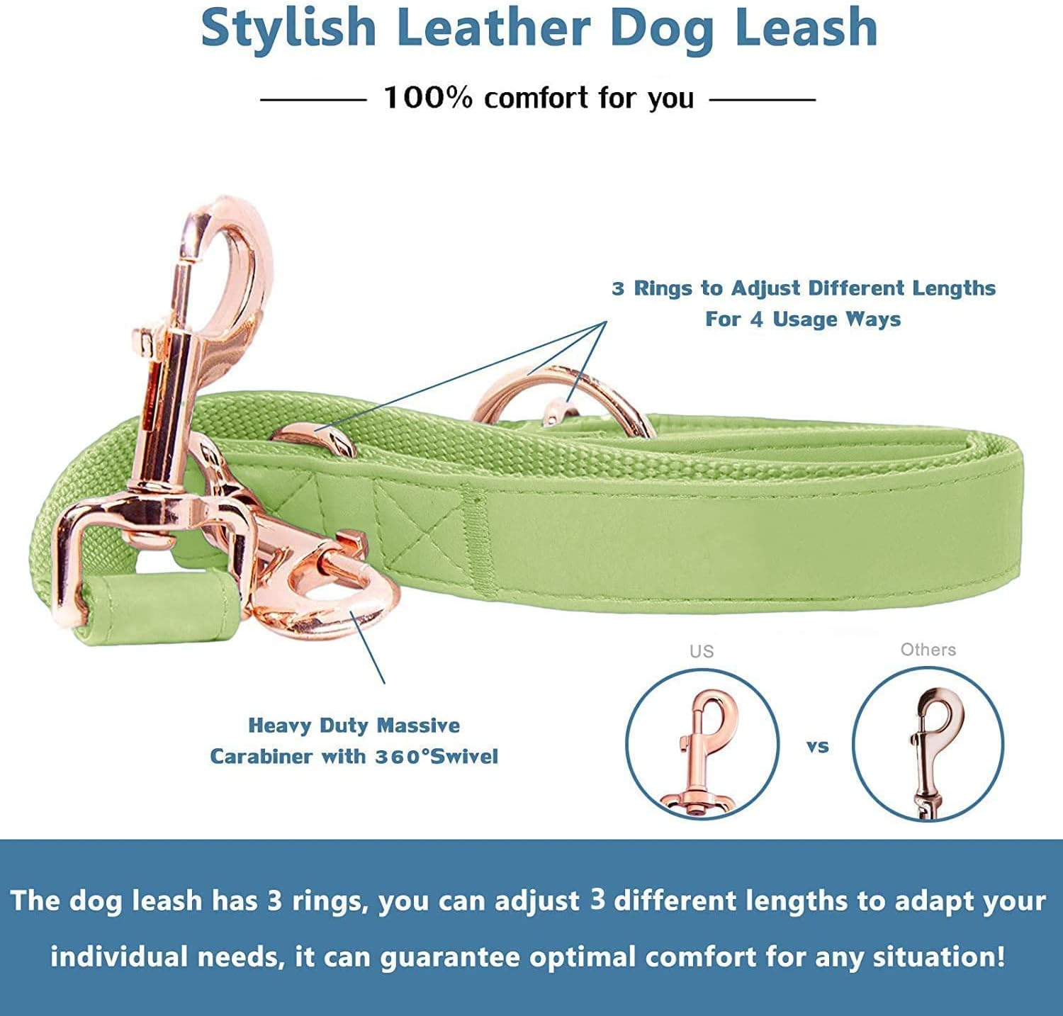 Soft Leather Dog Collar and Leash (6.6') Set - Stylish Rose Gold Heavy Duty Metal Buckle, 4 Adjustable Lengths Leash for Small Medium Large Dogs - Comfortable & Easy to Clean XS(8"-12"), Avocado image number 6