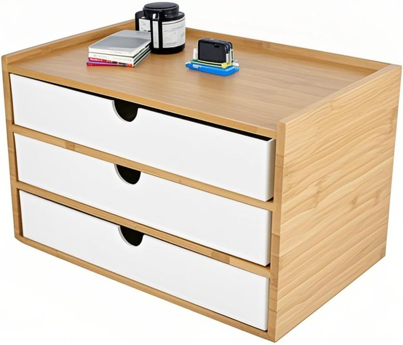 Office Desk Organizer with Drawers - Bamboo Desktop Organizer Storage,White Desk Drawers Organizer Desk Accessories No Assembly Required image number 6
