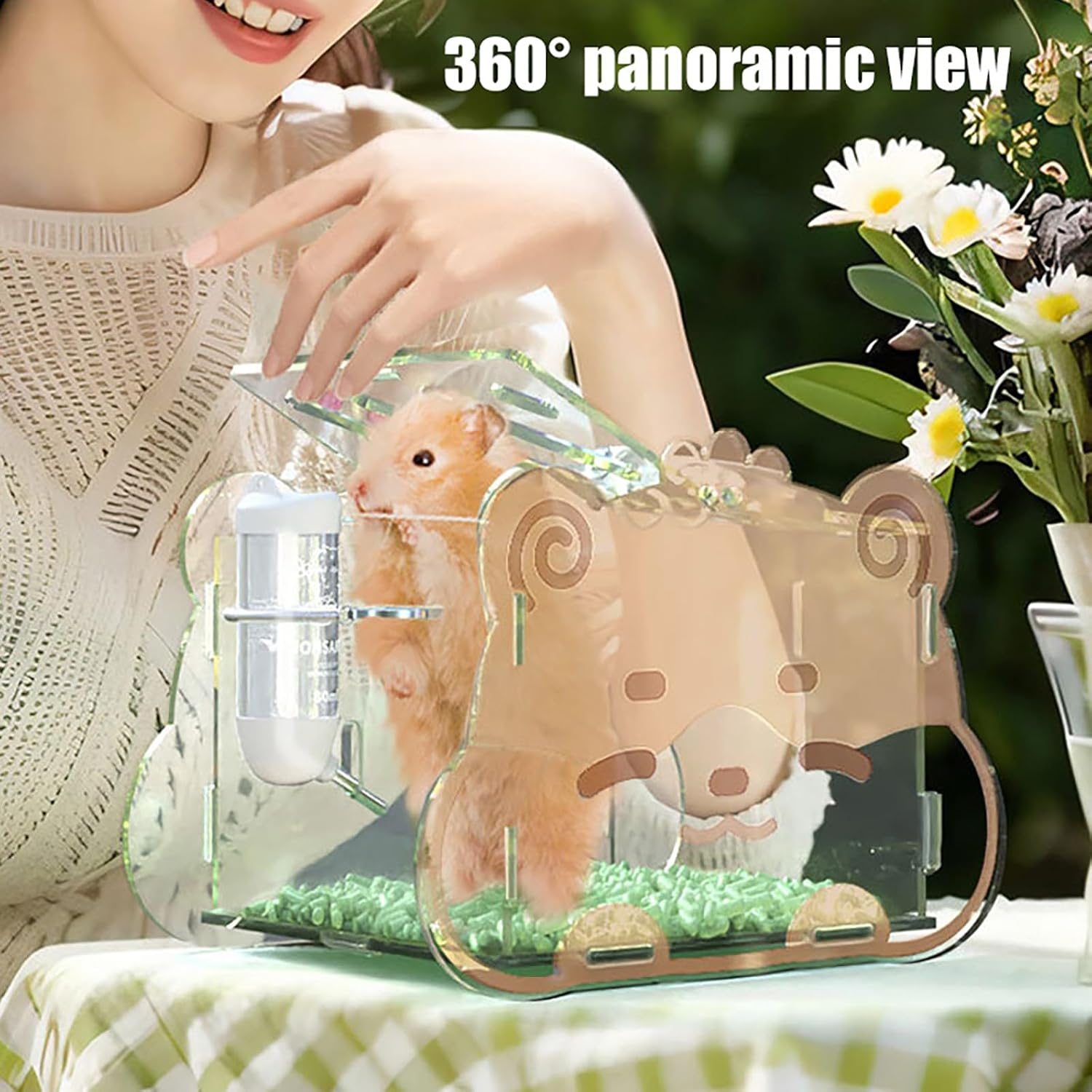 LIFEBEA Portable Hamster Carrier &ndash; 360&deg; Clear Acrylic Travel Cage with Water Bottle & Food Bowl | Ventilated Small Animal Transport for Dwarf Hamsters, Guinea Pigs, Sugar Gliders (Pink) - Pink image number 5