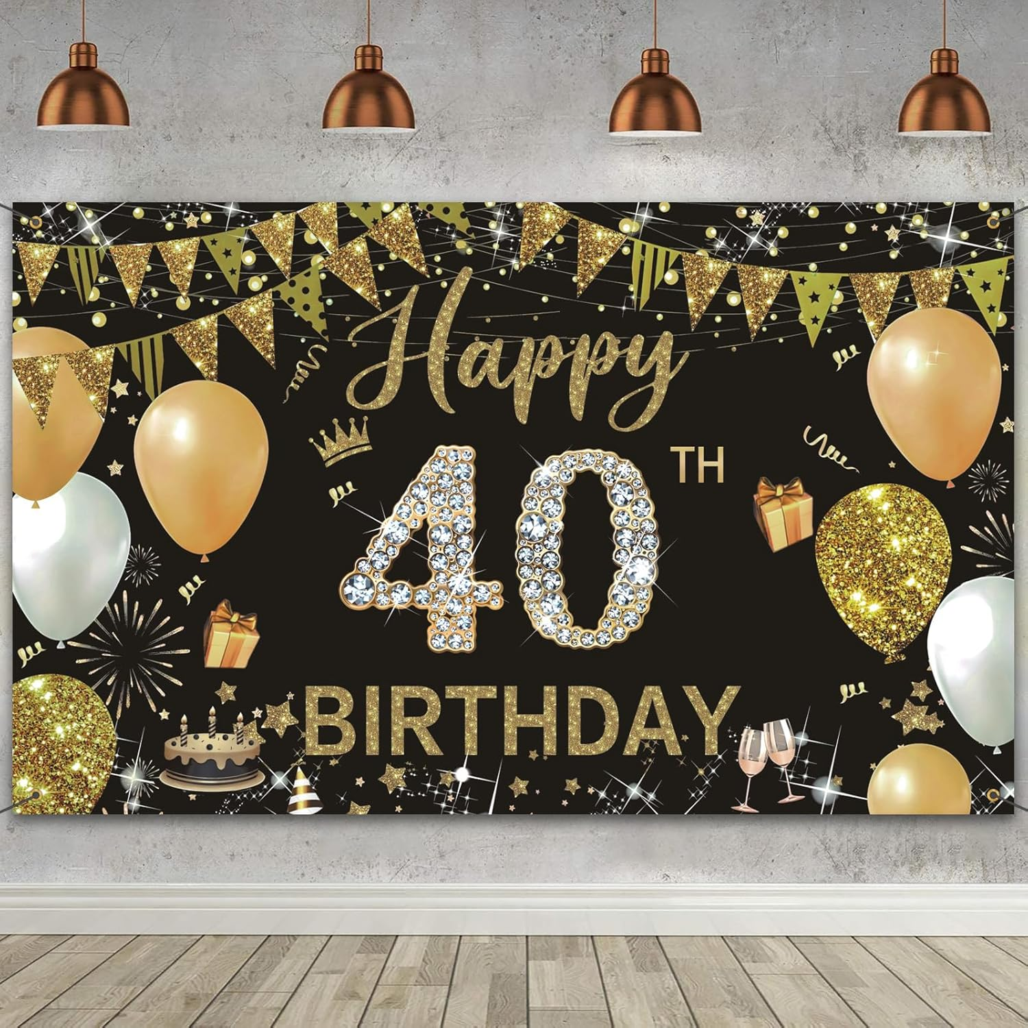 WVMNQO Happy Birthday Banner, 40Th Birthday Decorations Backdrop, Extra Large Black Gold Party Decorations, Perfect Birthday Party Supplies Photography Background for Men, and Women, 180X110Cm - 16Th image number 3