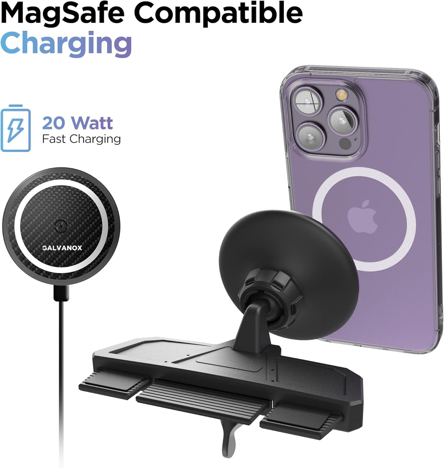 GALVANOX Wireless Charging Car CD Slot Phone Holder - Magnetic Mount Charger with Secure Cd-Player Attachment - Compatible with Magsafe, Black image number 4
