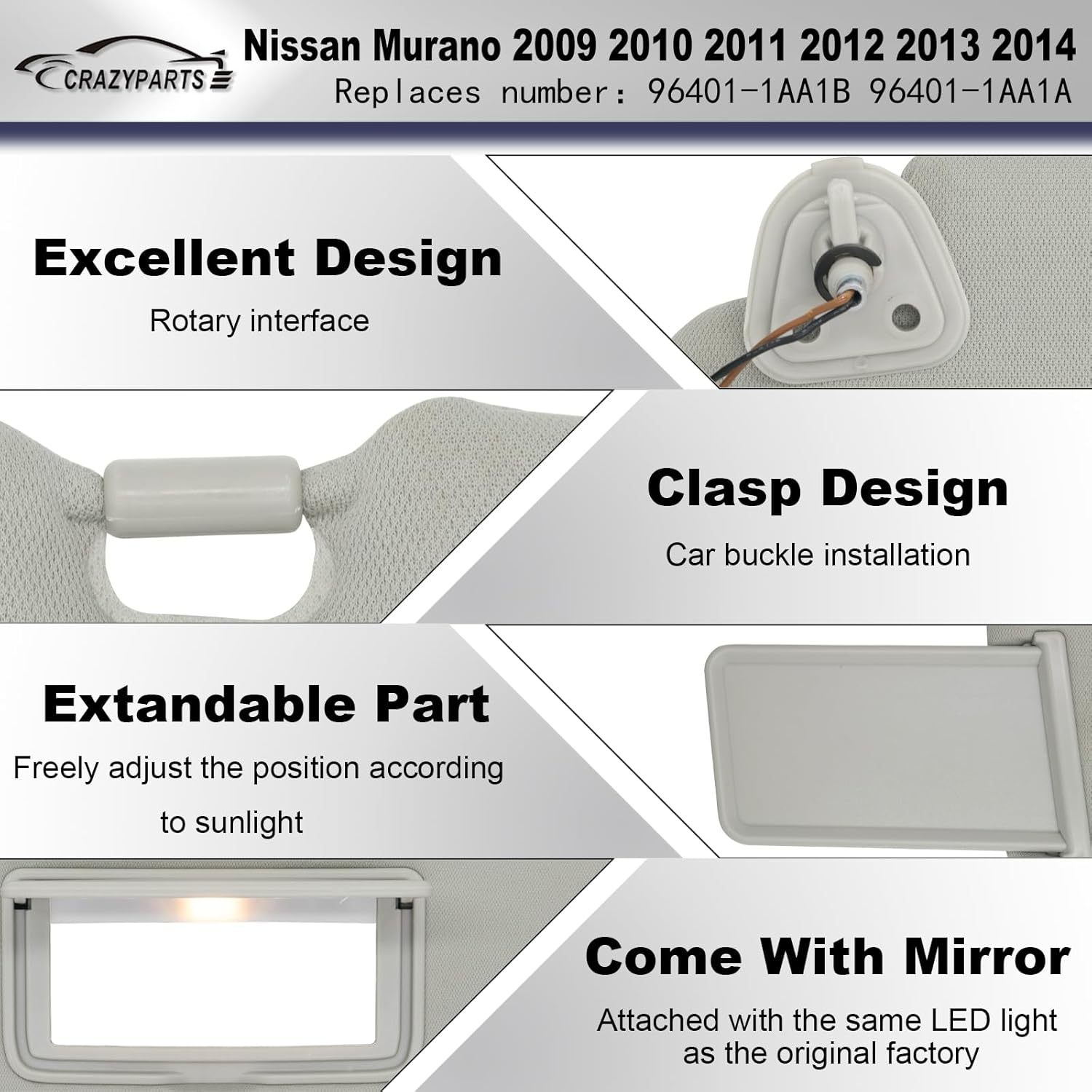 CRAZYPARTS Driver & Passenger Side Sun Visor Compatible with Nissan Murano 2009 2010 2011 2012 2013 2014 Sunshade Replacement # 96401-1AA1B 96400-1Aa1B(Gray) - Gray（Driver Side） image number 3