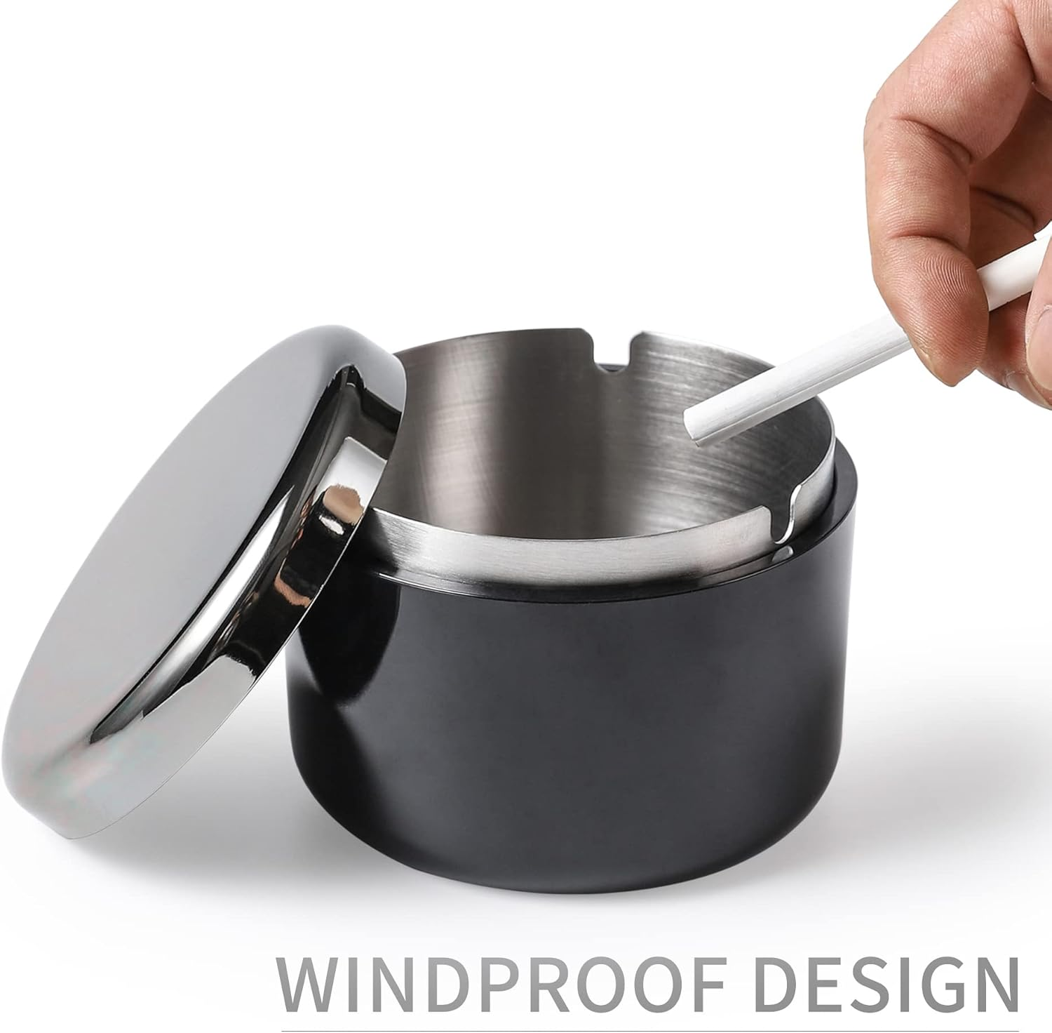 Smokeless Ashtray with Lid for Smokers Stainless Steel Liner Ash Tray Windproof Durable Easy to Clean Cool Ashtrays for Indoor or Outdoor Use, Patio, Office & Home(Black) - Black image number 6