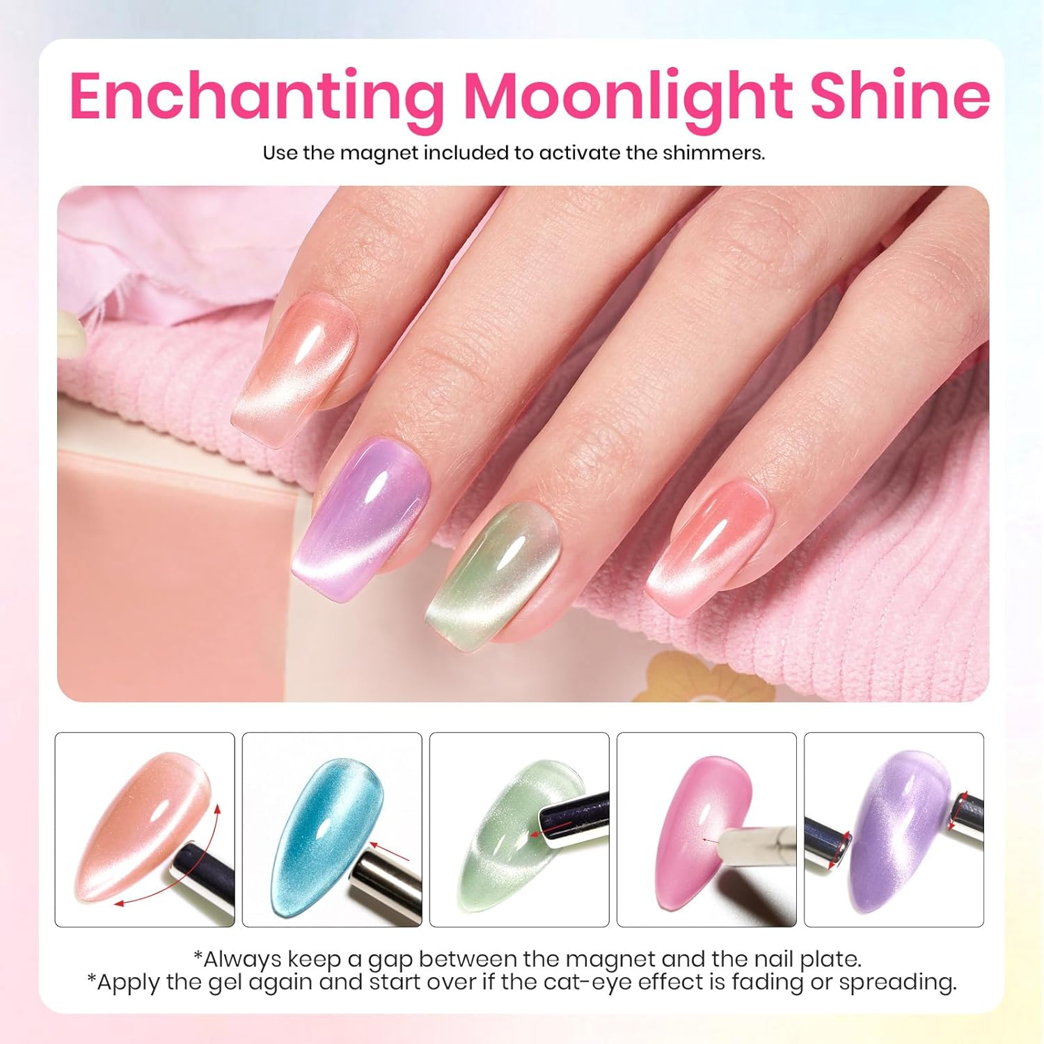 Beetles Cat Eye Gel Nail Polish Set, 6 Colors Pastel Shimmer Glitter Gel Polish Kit Soak off LED UV Curing Requires Pink Red Blue Orange Green Purple Velvet Gel with Magnet image number 6