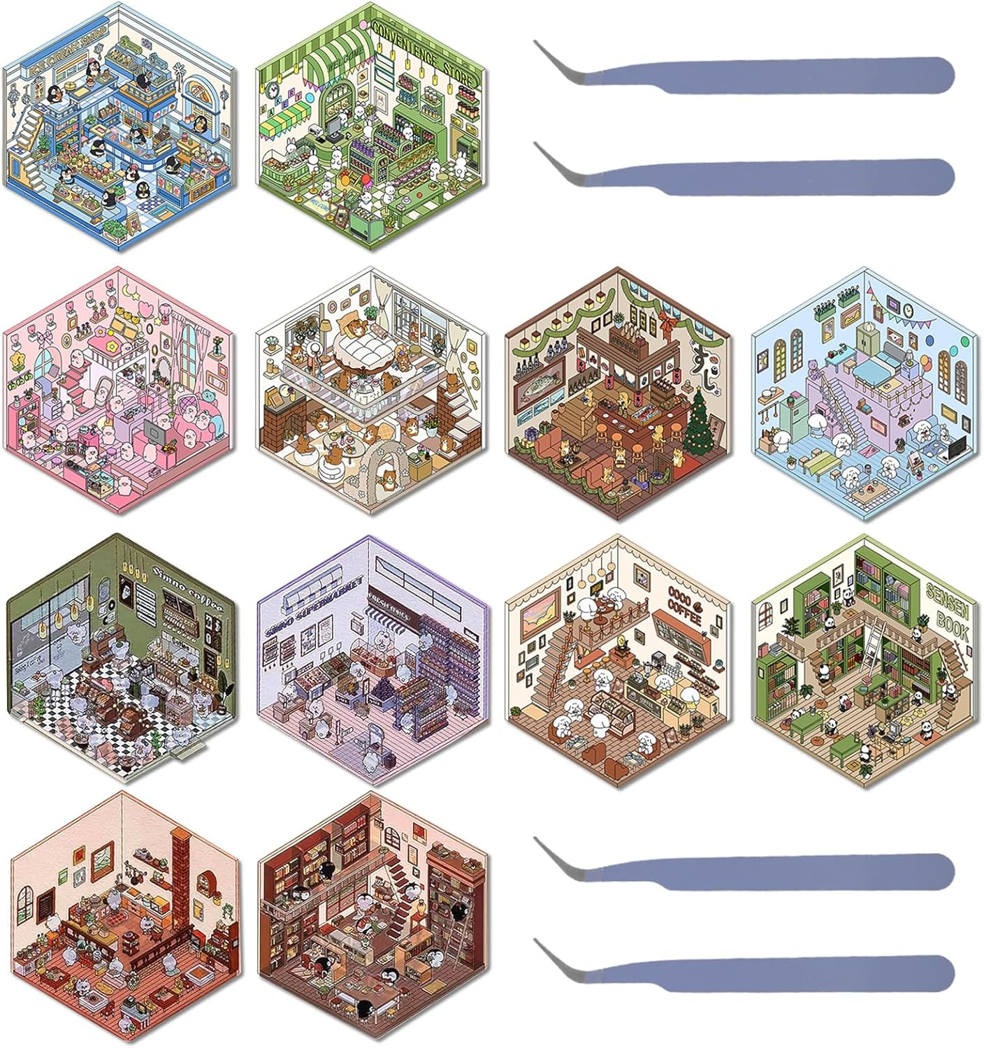 DIY 3D House Stickers, 12 Sets Miniature Scene Stickers 3D Cute Versatile Little Home House Scene Stickers Reusable Cartoon Scene Stickers Safe Fun Scene Stickers for Crafts (Style A)