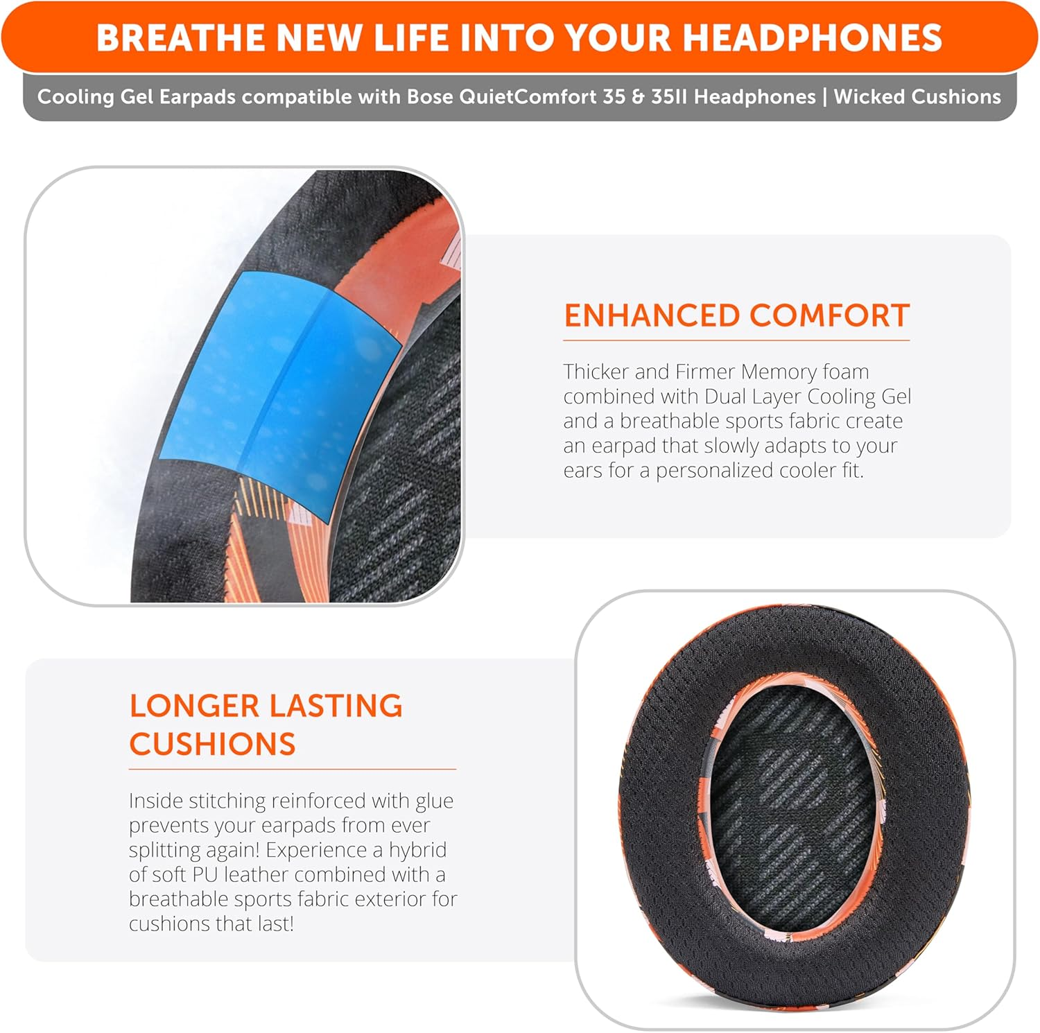 WC Freeze QC35 - Cooling Gel Ear Pads for Bose QC35 & Qc35Ii (Quietcomfort 35) Headphones & More | Breathable Sports Fabric, Cooling Gel, Extra Thick & Cooler for Longer | Orange Prism - Black image number 2