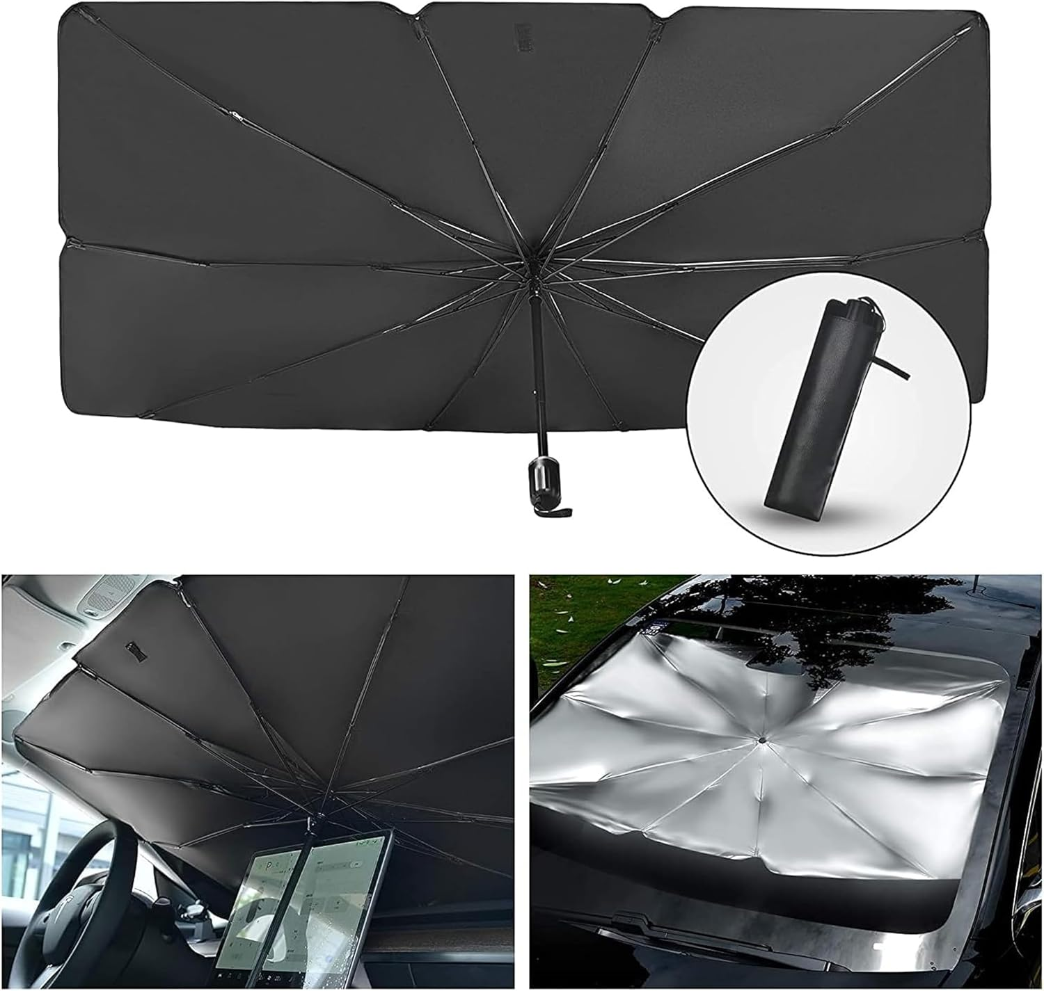 Sulfar Car Sun Shade,For Car Front Windshield, Car Umbrella Sun Shade Cover, Foldable UV Reflector and Heat, Sunshade for Cars, Fits Most Vans SUVS (57 X 31 In) image number 5