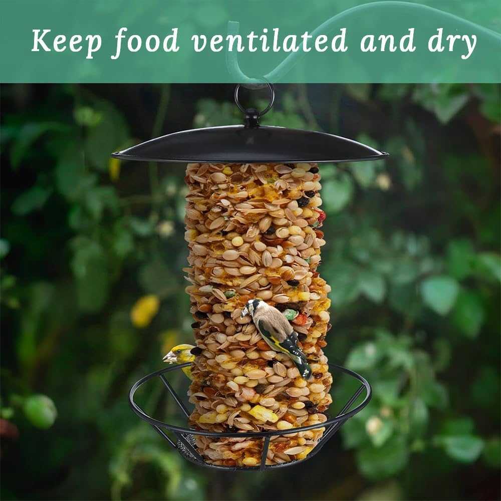 GUDAJIN Outdoor Metal Cylindrical Net Bird Feeder with Metal Dome Cover Wildlife Feeder, Suitable for Multiple Seeds, Suitable for Multiple Birds, Matte Black Bird Feeder image number 1