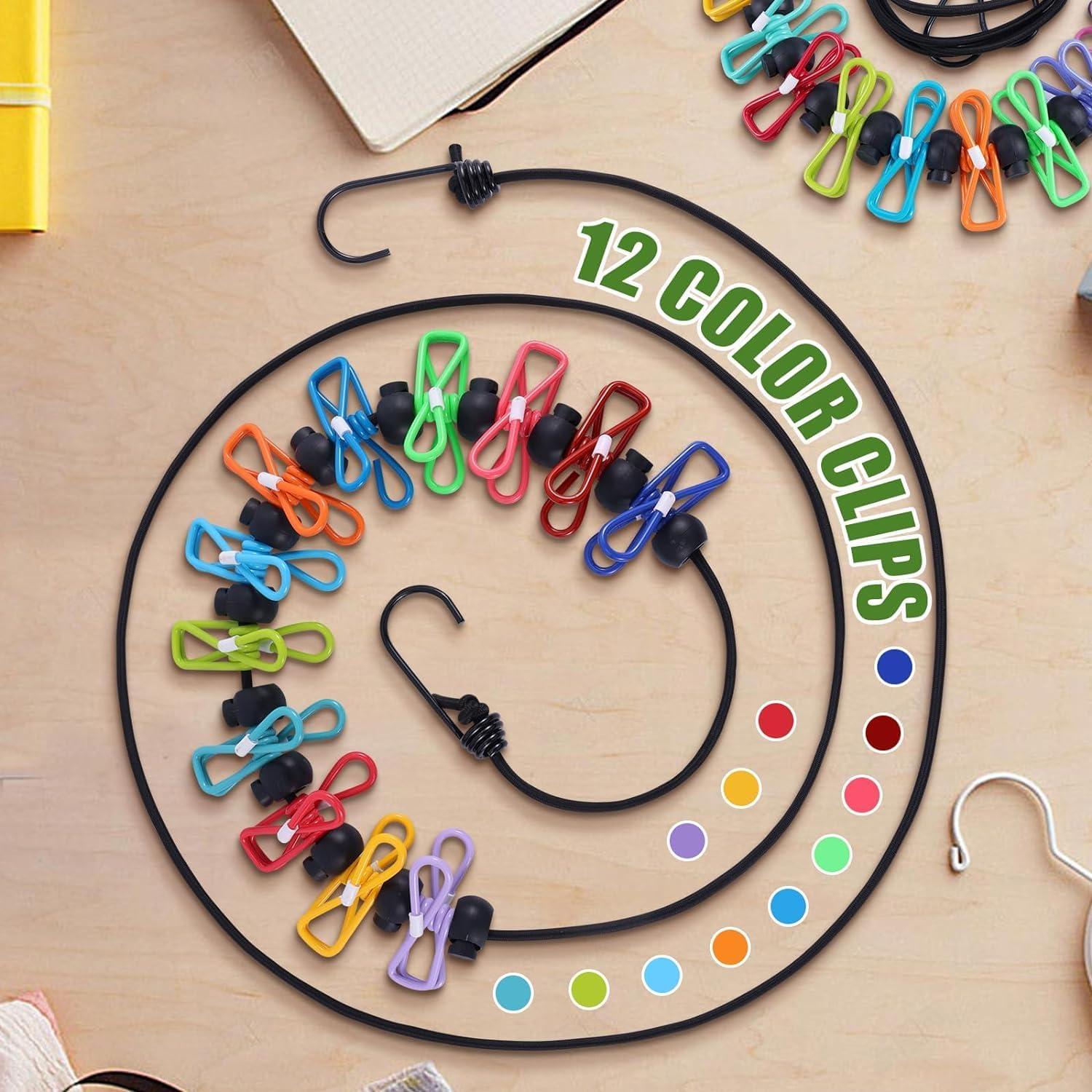 Walquicks 2 Pcs Retractable Portable Travel Clothesline, Non-Slip Retractable Adjustable Color Clothesline Line with 12 Clothes Clips, for Indoor Laundry Drying Line, Outdoor Camping Accessories image number 4