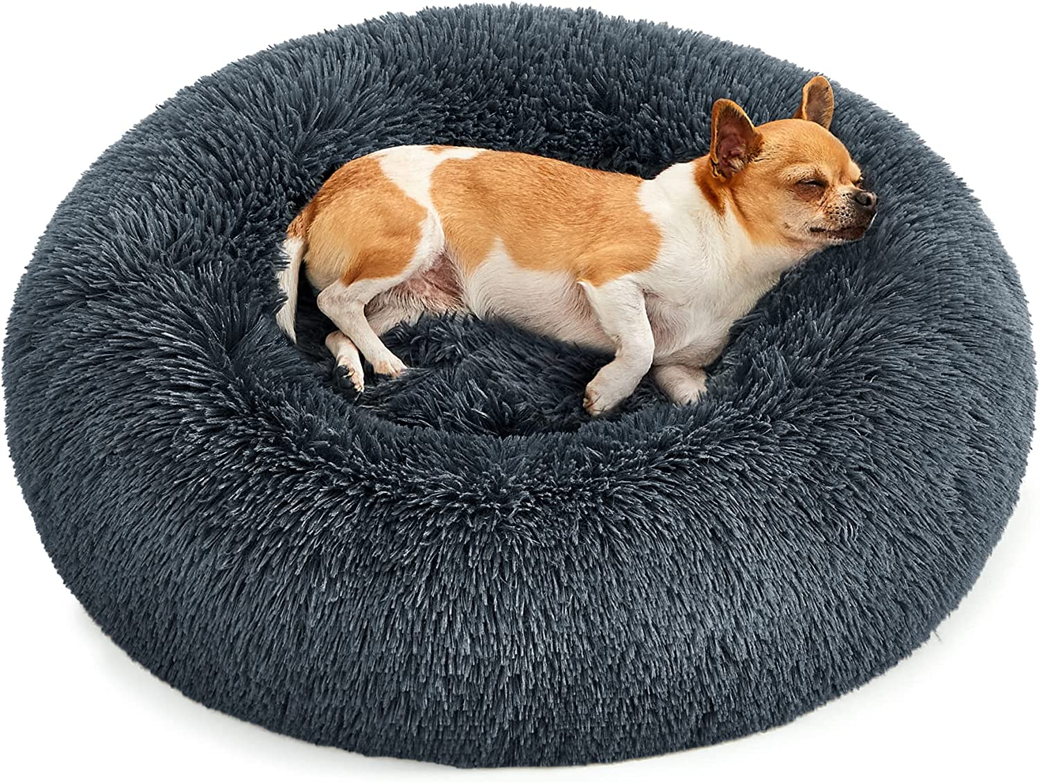 Feandrea Fluffy Dog Bed, Cat Bed, Doughnut Cushion, Washable, Removable Padding in the Centre, Long Plush, 60 Cm Diameter, Ombre Grey PGW038G01