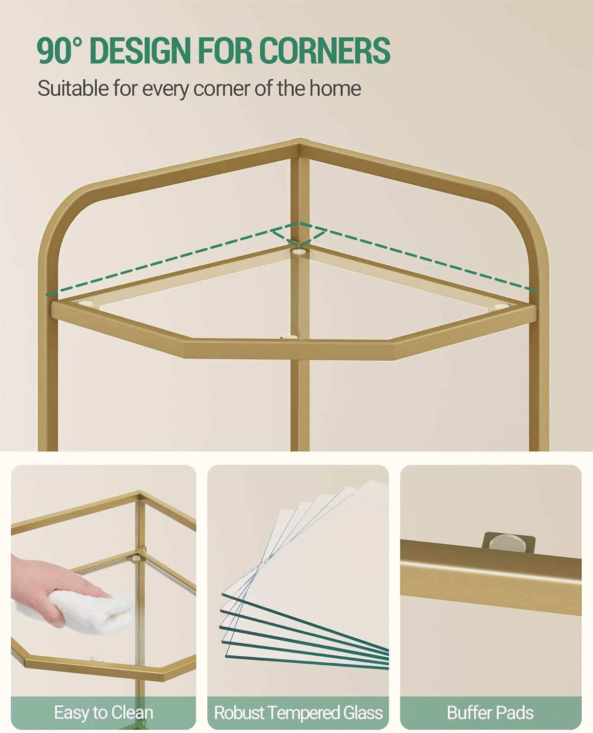 Hzuaneri Corner Shelf Stand, Glass Bookshelf Bookcase, Bathroom Organizer, Plant Stand, Steel Frame, Tempered Glass, Modern Style for Living Room, Bathroom, Kitchen, 6-Tier Golden CS90600G image number 1