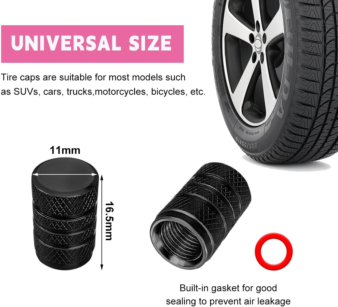 Ziciner 10 PCS Car Tire Valve Stem Caps, Aluminum Tire Air Cap Set, Dust Proof & Corrosion Resistant Stem Covers, Universal Car Accessories for SUV Bike Bicycle Truck Motorcycle (Black) - Black image number 6