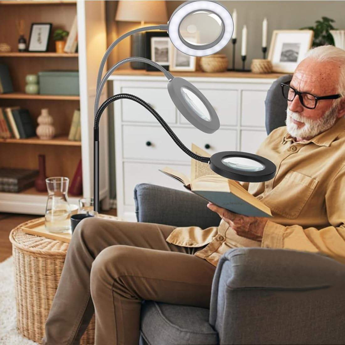 10X Magnifying Glass with 72 LED Lights, Adjustable Color Temperature & Dimmable Lighted Magnifier, Flexible Gooseneck Floor Lamp for Reading, Crafts, Close Work.