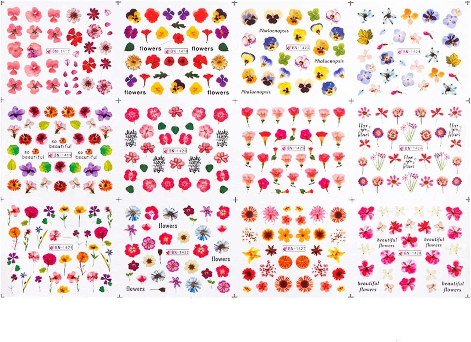 12 Designs Flower Pattern Nail Art Stickers Colorful Floral Nail Decals Manicure Decorations 16X25.5Cm Zhengpingpai image number 3