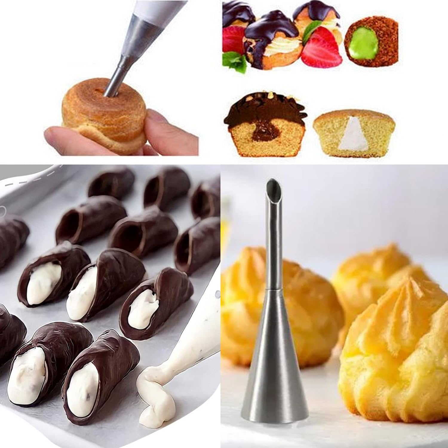 Joyeee 16 Pack Stainless Steel Cream Horn Molds Mini, with Piping Bags Reusable, Cream Icing Piping Nozzle Tip Long and Cleaning Nozzle Brush Baking Accessories Decorating Tool, 3.4 Inch - 09 10Pcs Large Cone + 10Pcs Large Cubes image number 5