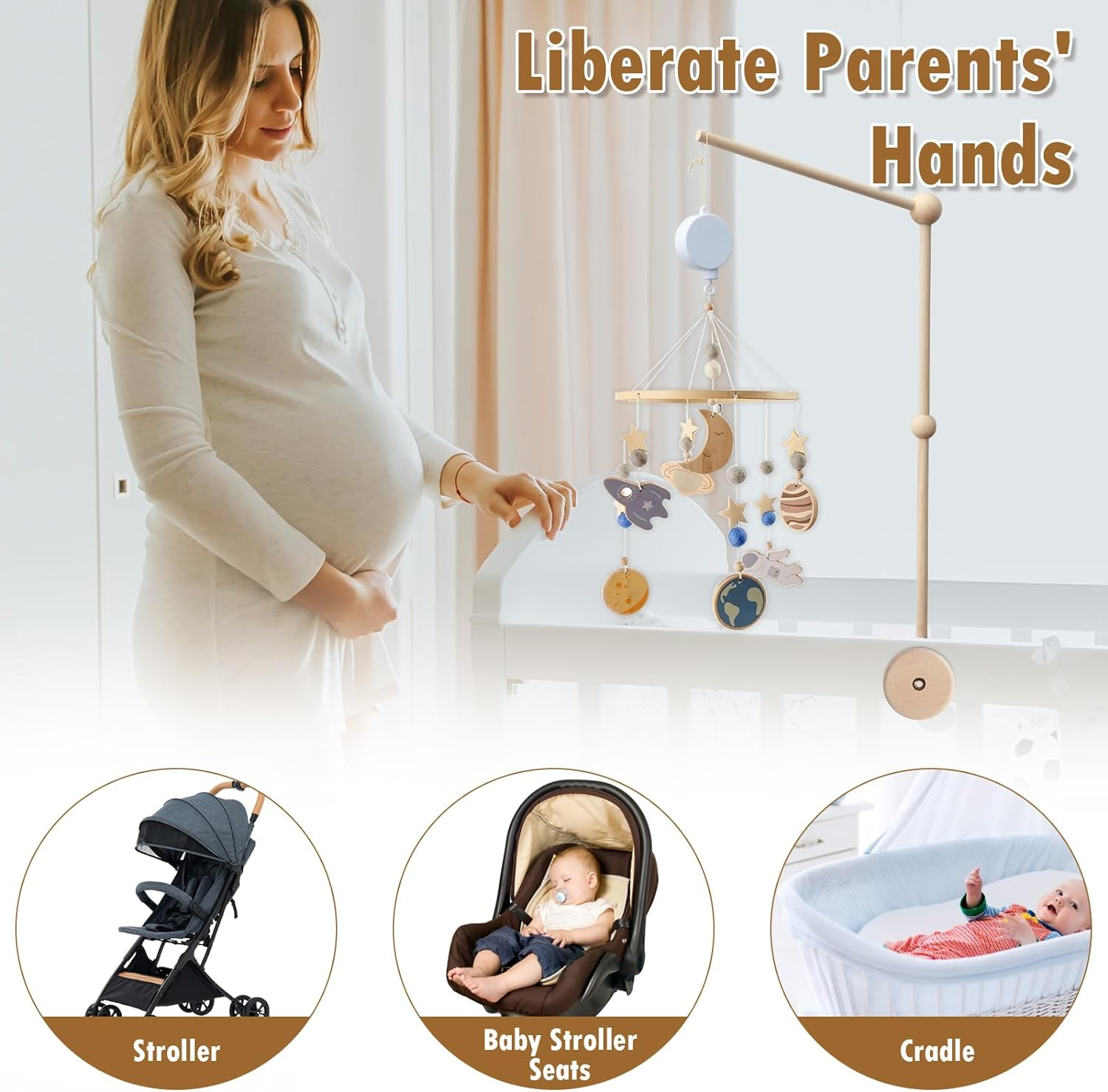 Baby Crib Mobile Arm 27Inch Wooden Crib Mobile Holder with Clockwork Music Box anti Slip Baby Mobile Holder Arm Safe Nursery Baby Mobile Hanger for Crib Baby Bed Nursery Decor image number 3