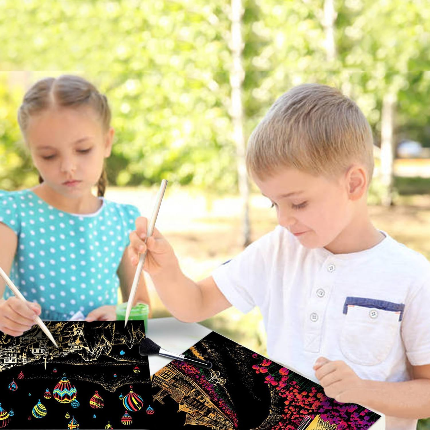 Georgie Porgy Scratch Picture Set DIY Craft Sets for Children Adults Magic Scratch Paper A3 City Scratch Paper for Christmas Birthday Gift with Scratch Tools Kit (A3 Windmill + Hot Air Balloon) - A4 Glow-In-The-Dark Butterfly And Peacock image number 3