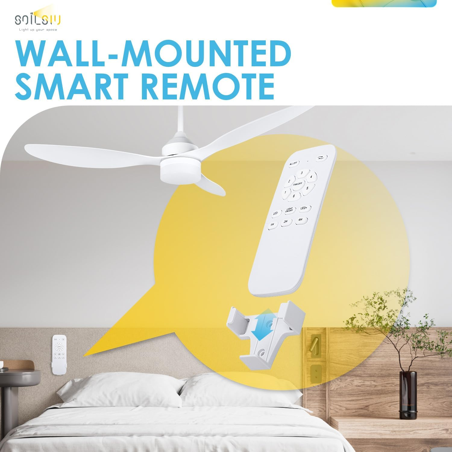 Soilsiu Ceiling Fans with Lights, 52 Inch Low Profile Ceiling Fan with Light and Remote, Flush Mount Ceiling Fan for Bedroom, Flush Mount, Reversible, 3CCT, Dimmable, Noiseless (White) - Black image number 7