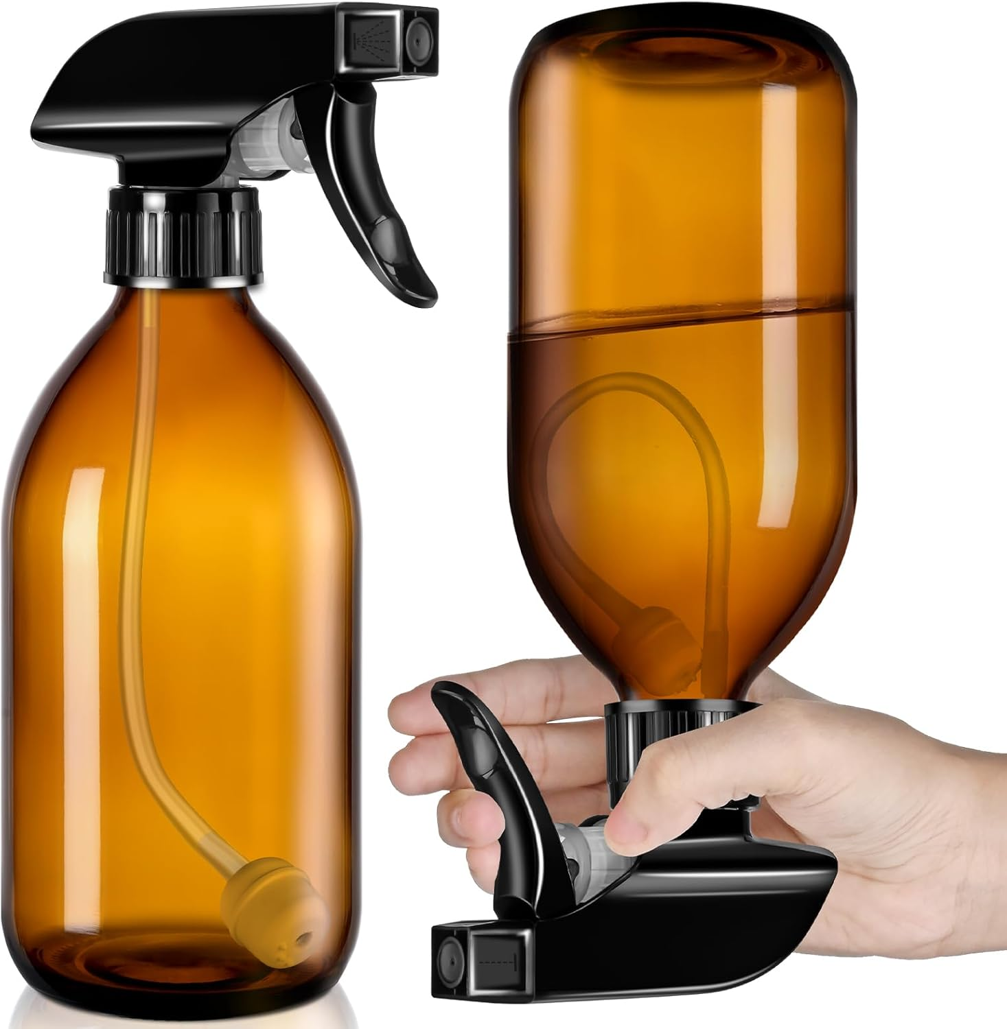 Tecohouse 2 Pack Amber 360&deg; Glass Spray Bottles Clear, 16 Oz Empty Refillable Containers with Adjustable Spray Nozzles, Spray Bottles for Cleaning Solutions and Plants