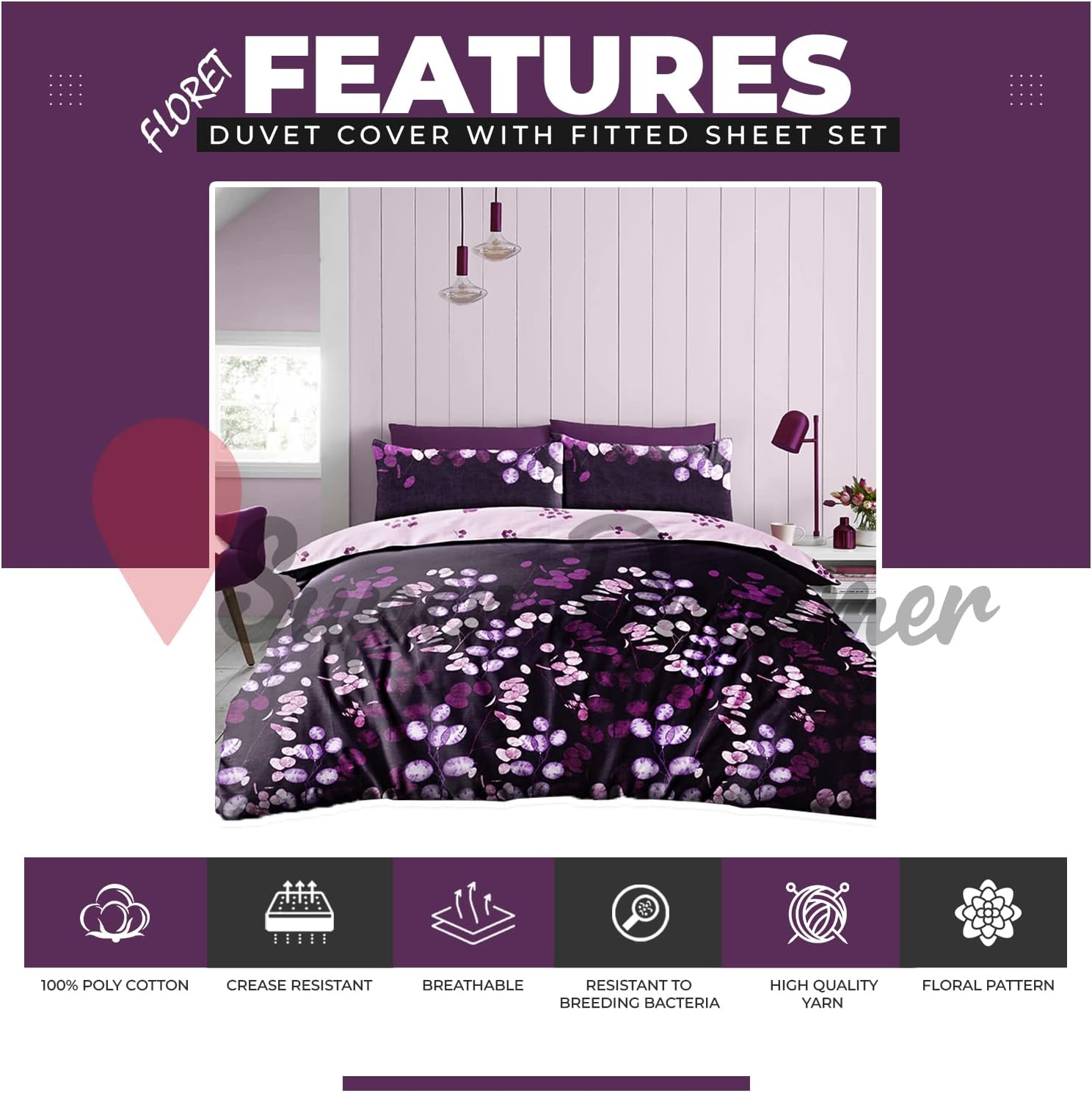 Botanical Fitted Sheet Single Duvet Cover with Pillowcase, 3Pcs Breathable Complete Bedding Set, Purple image number 5