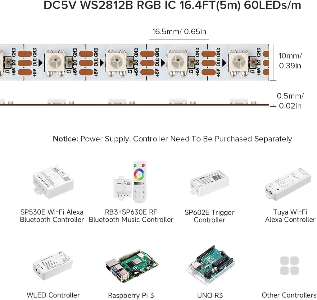 Btf-Lighting WS2812B RGB ECO LED Strip, Chasing Effects 5050SMD Individually Addressable 16.4FT 60Pixels/M 300Pixels Flexible Dream Color IP65 for Bedroom DIY Projects Dc5V(No Adapter or Controller) image number 2