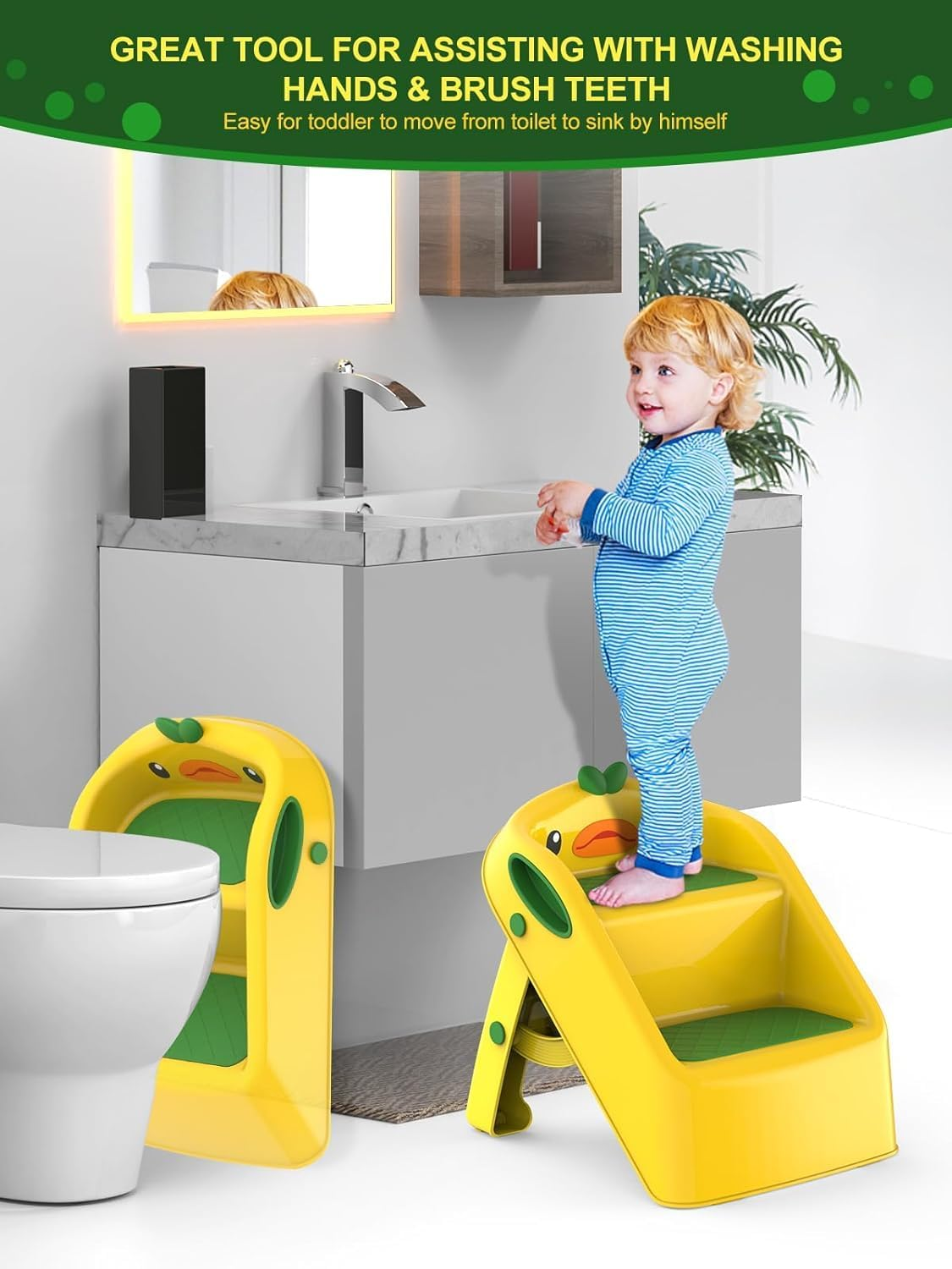 Toddler Step Stool for Kids Bathroom Sink Grey & White | Foldable 2 Step Stool for Kids 1-4 Years Old | Dual Height 11" Child Kitchen Helper with Handles - Easy to Move, Slip-Resistant (Yellow) image number 6