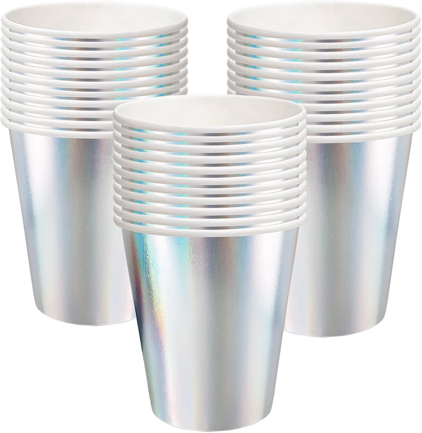 Eacitown 50 Pcs Iridescent Paper Cups Disco Party Cups Rainbow Silver Mermaid Unicorn Themed Birthday Party Supplies 9OZ image number 2
