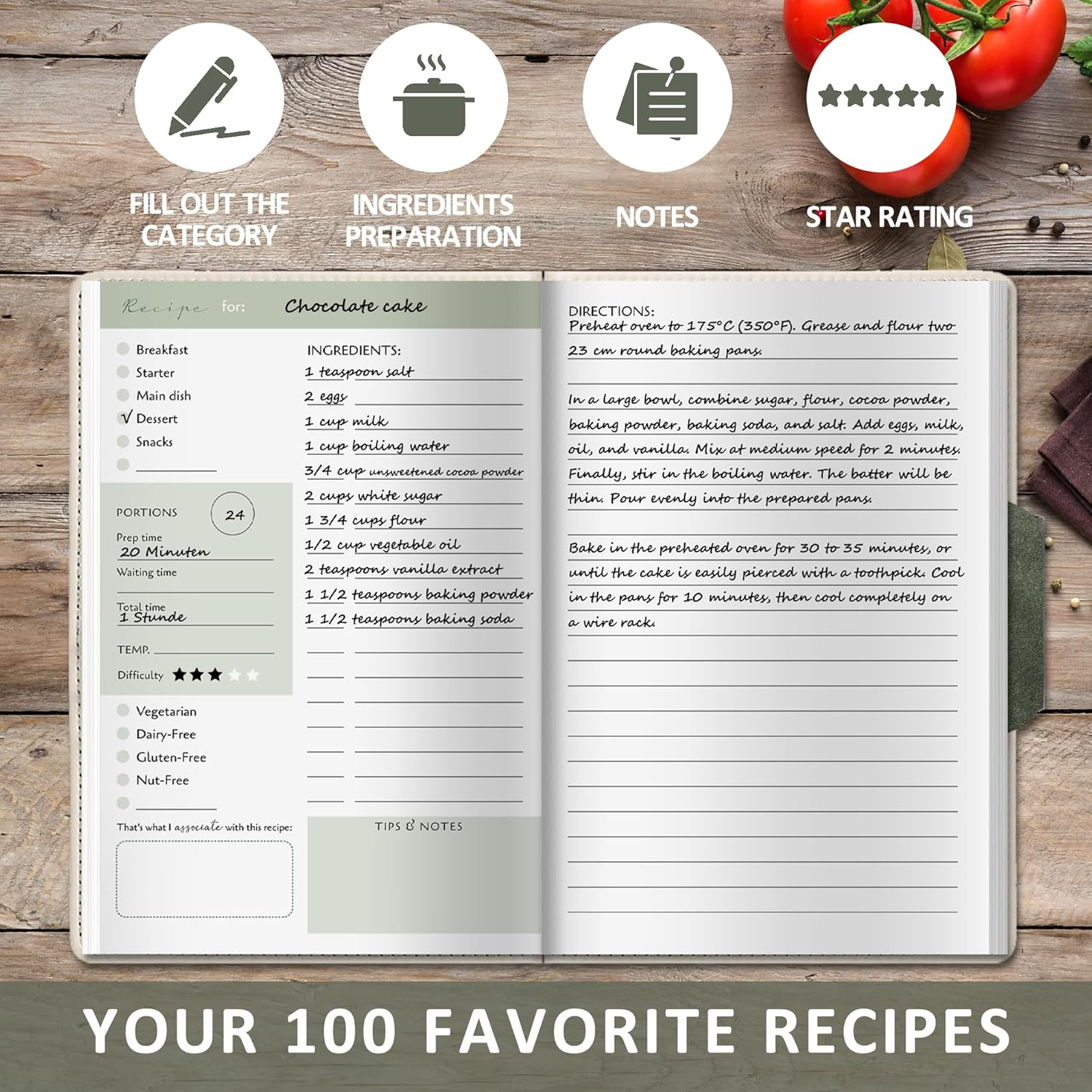 Blank Recipe Book for Own Recipes - Personalised Recipe Notebook for 100 Recipes - A5 Recipe Journal to Write Your Own Recipe Book - 224 Pages Empty Cookbook for Family & Cooking Lover image number 4
