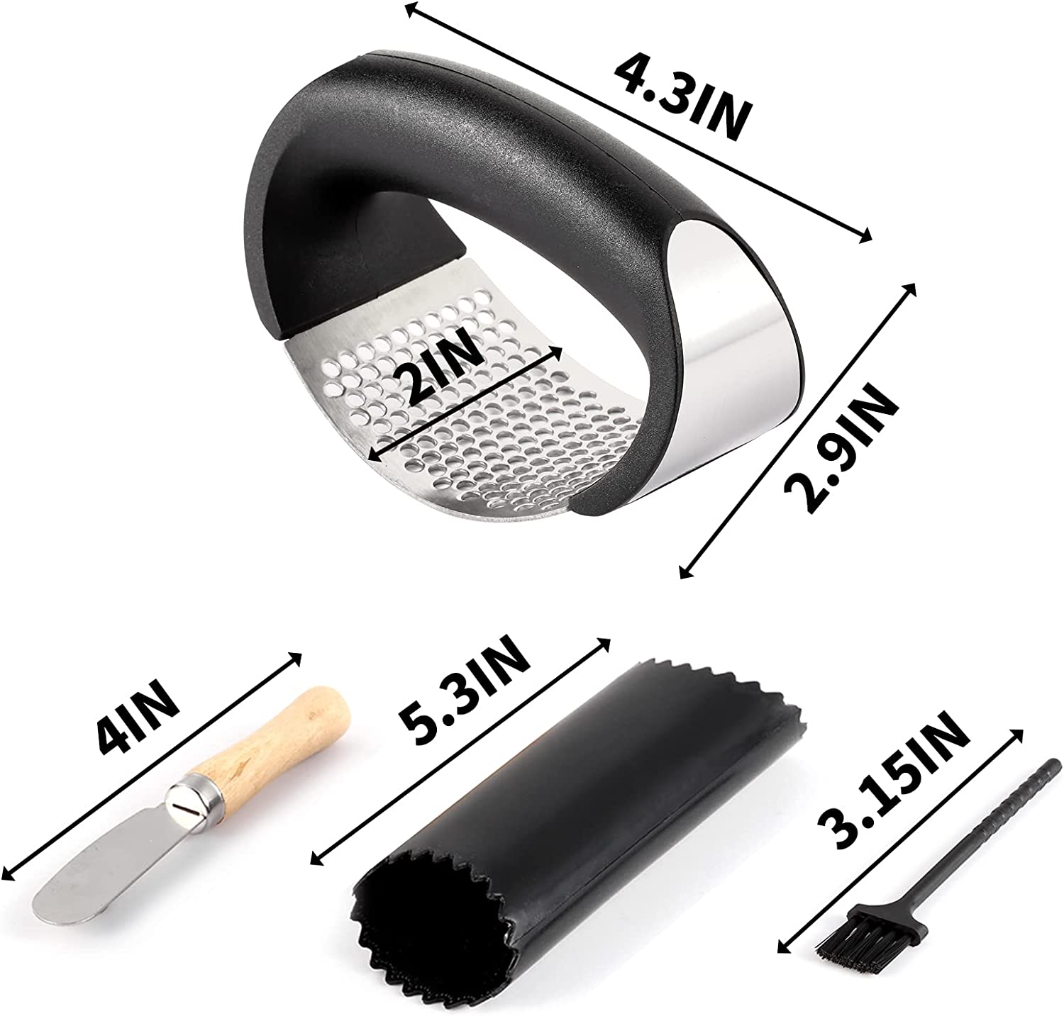 2 Pack Garlic Press Rocker, Stainless Steel Garlic Mincer with 2 Peelers, 2 Scrapers and 2 Brushes | Garlic Crusher Garlic Chopper for Smashing Garlic image number 3
