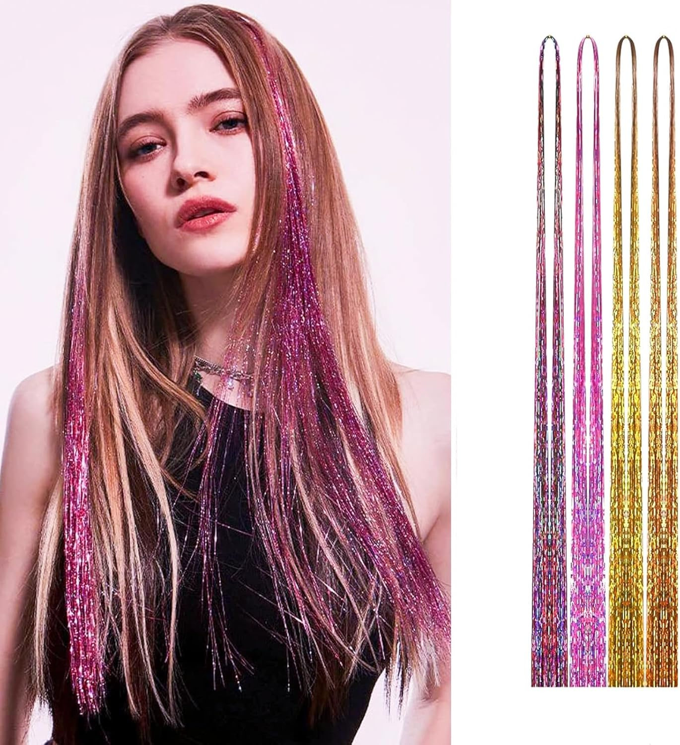 Tinsel Hair Tinsel, 90 Cm Hair Tinsel, 800 Strands Hair Strands for Braiding, Hair Extensions with Accessories, Hair Glitter Strands, Hair Nanoring Extensions, Micro Ring Extensions Accessories image number 5