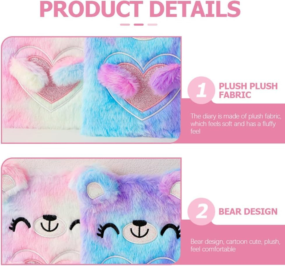 Diary Notebook for Girls with Lock and Keys, Plush Love Bear Journal Notebook for Kids, Secret Lock Diary for Writing Drawing, Gifts for Girls (Love Bear) image number 2