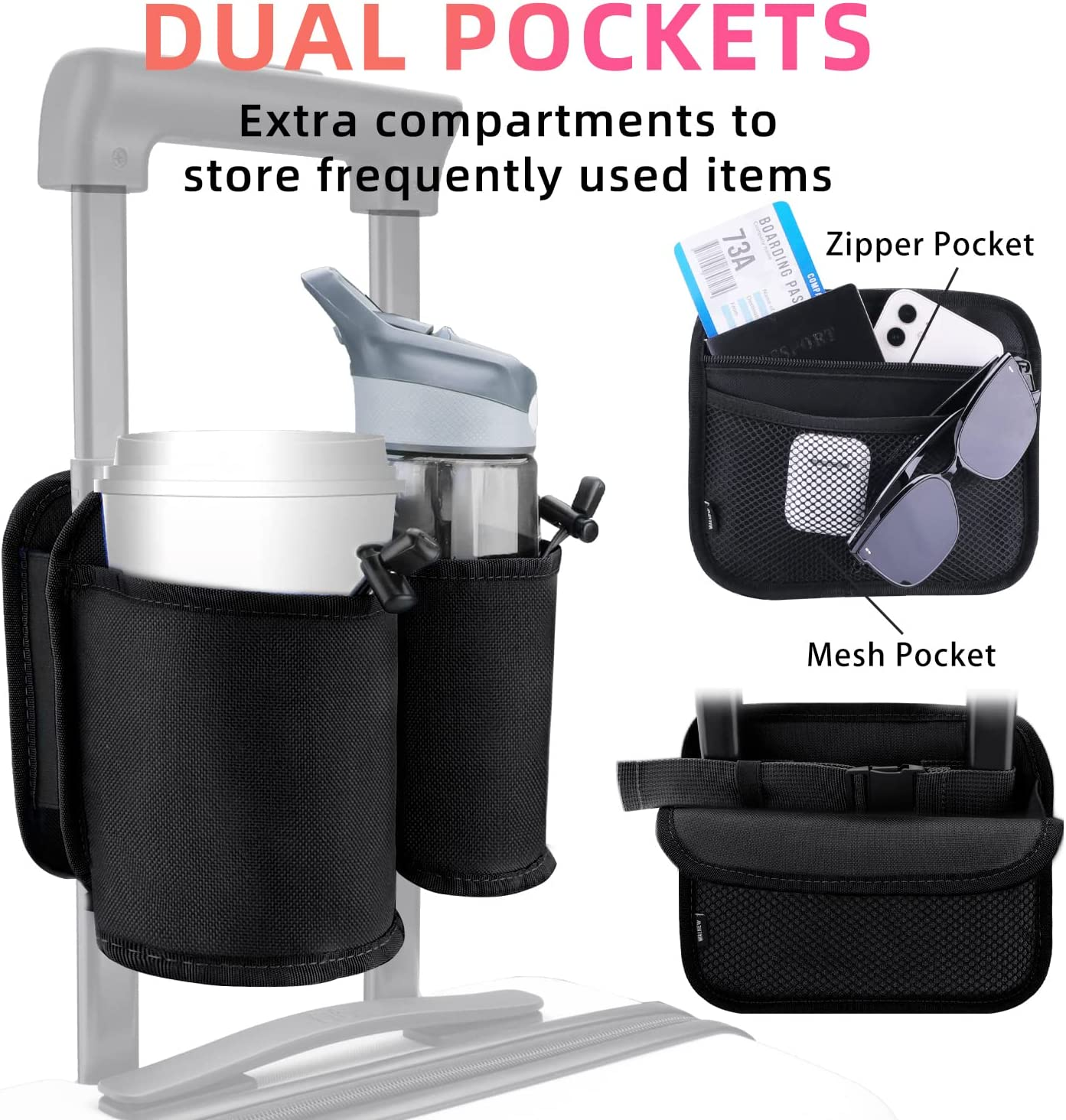 WALNEW Luggage Travel Cup Holder Hands-Free Drink Caddy Attachment Drinks Carrier for Drink Beverages Coffee Mugs Fits Roll on Suitcase Handles Travel Accessories - Blue image number 3