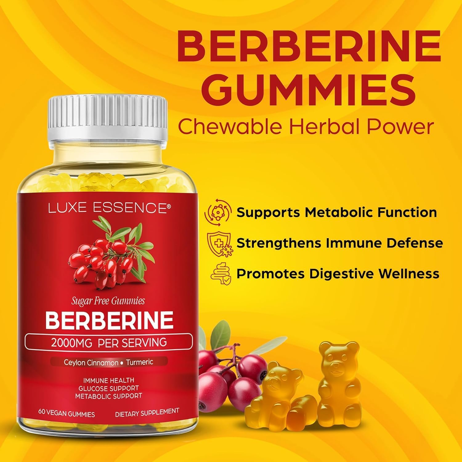 Berberine Gummies with Ceylon Cinnamon & Turmeric | 2000Mg Berberine HCI Supplement for Digestive Health & Support of Healthy Glucose Metabolism | Vegan, Sugar-Free, Pineapple Flavour | 60 Gummies image number 3