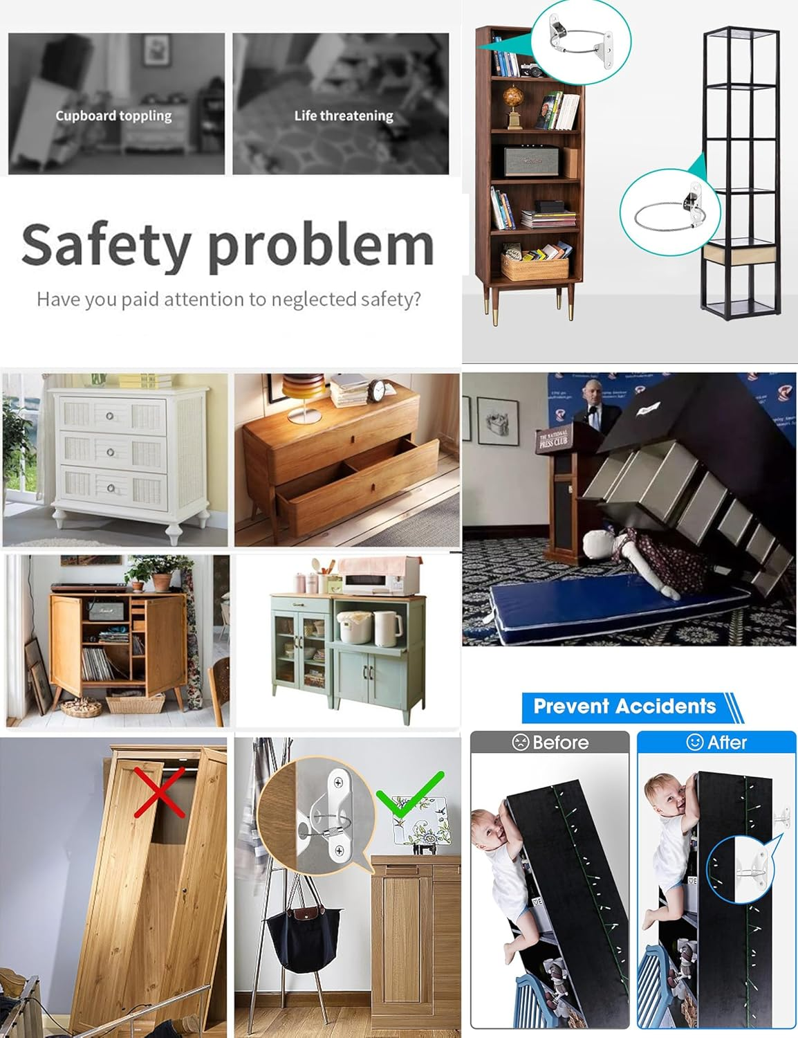 Furniture Wall Anchors 12 Pack, Baby Proof Anchors Stainless Steel anti Tip Furniture Straps, Black Furniture Anchors for Child Safety, Dresser Cabinet Bookshelf Anti-Tip Kit, DEMIBAZ - Silver image number 6