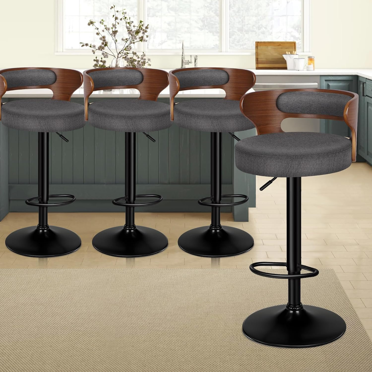 ALFORDSON Set of 4 Bar Stool Adjustable Kitchen Stool Swivel Counter Wooden Dining Chair in 61-82Cm Seat Height Gas Lift, White Bar Sets for Home Dining Room Cafe Shops Bars, Ramiro Fabric Grey image number 3