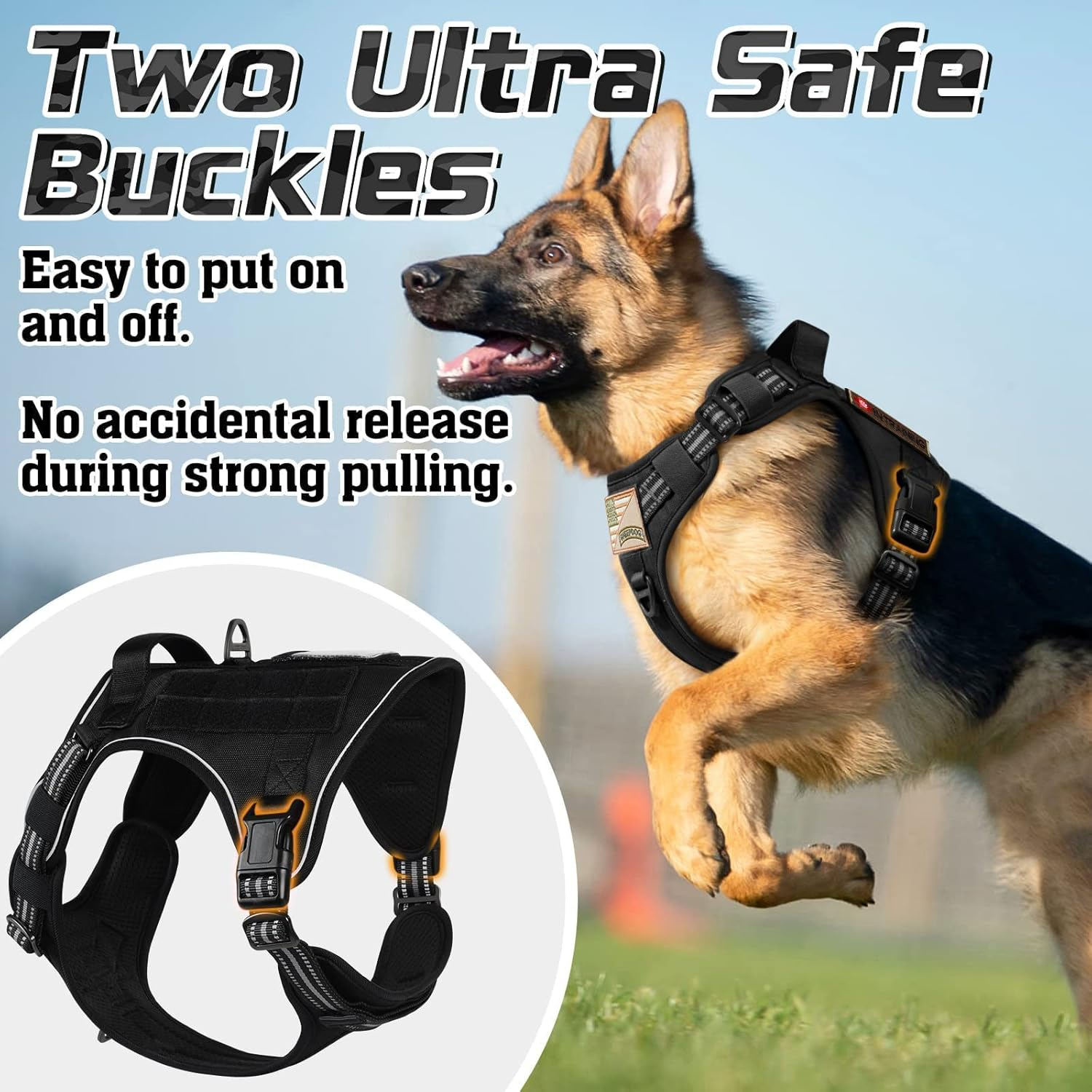 Rabbitgoo Tactical Dog Harness No Pull for Large Dogs, Military Dog Vest with Handle & Molle, Easy Control Service Dog Harness for Dogs Training Walking, Adjustable Reflective Pet Harness, Black, L image number 3